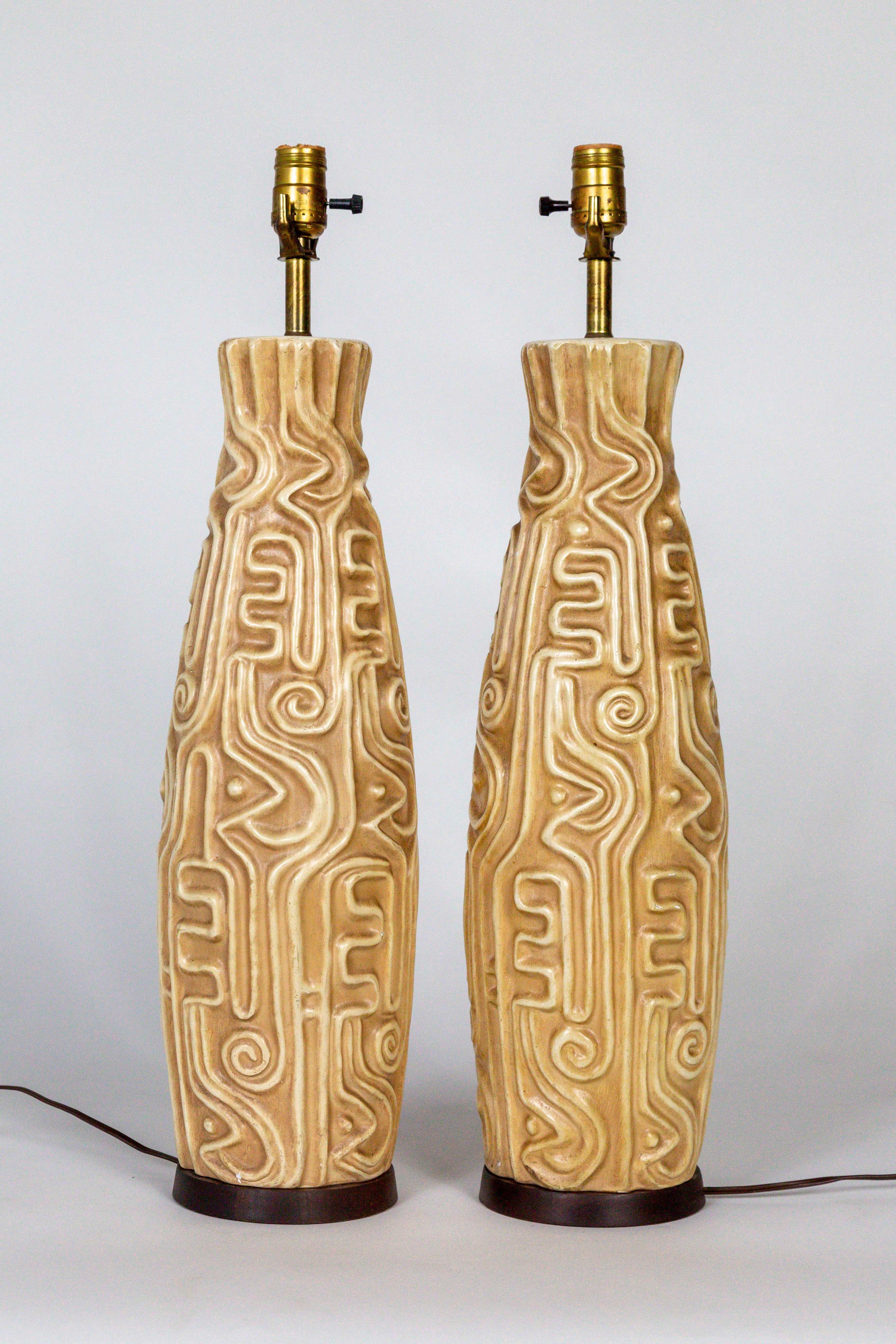 Modern Tall Midcentury High Relief Carved Tan Pottery Lamps 'Pair'