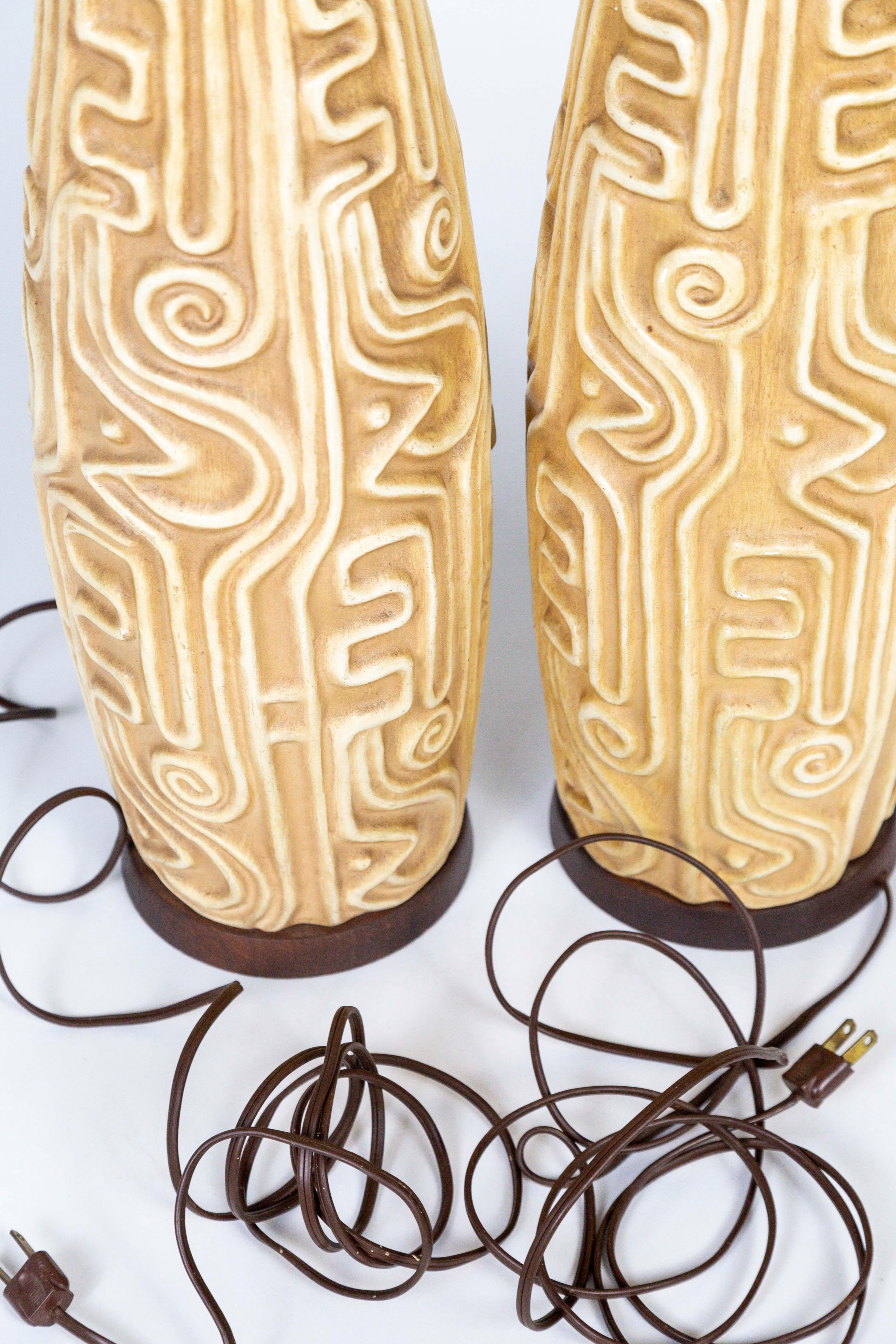 Tall Midcentury High Relief Carved Tan Pottery Lamps 'Pair' 3