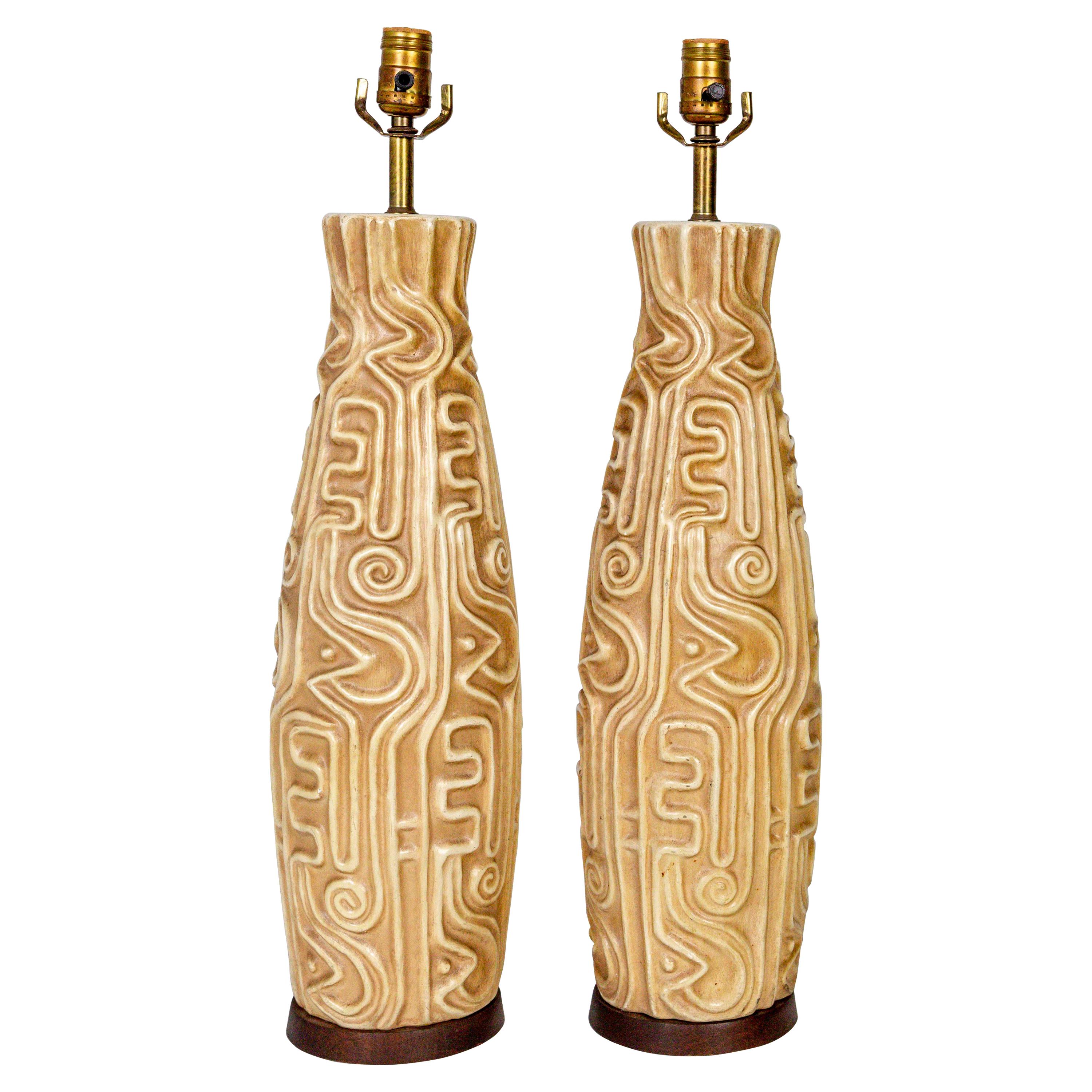 Tall Midcentury High Relief Carved Tan Pottery Lamps 'Pair'