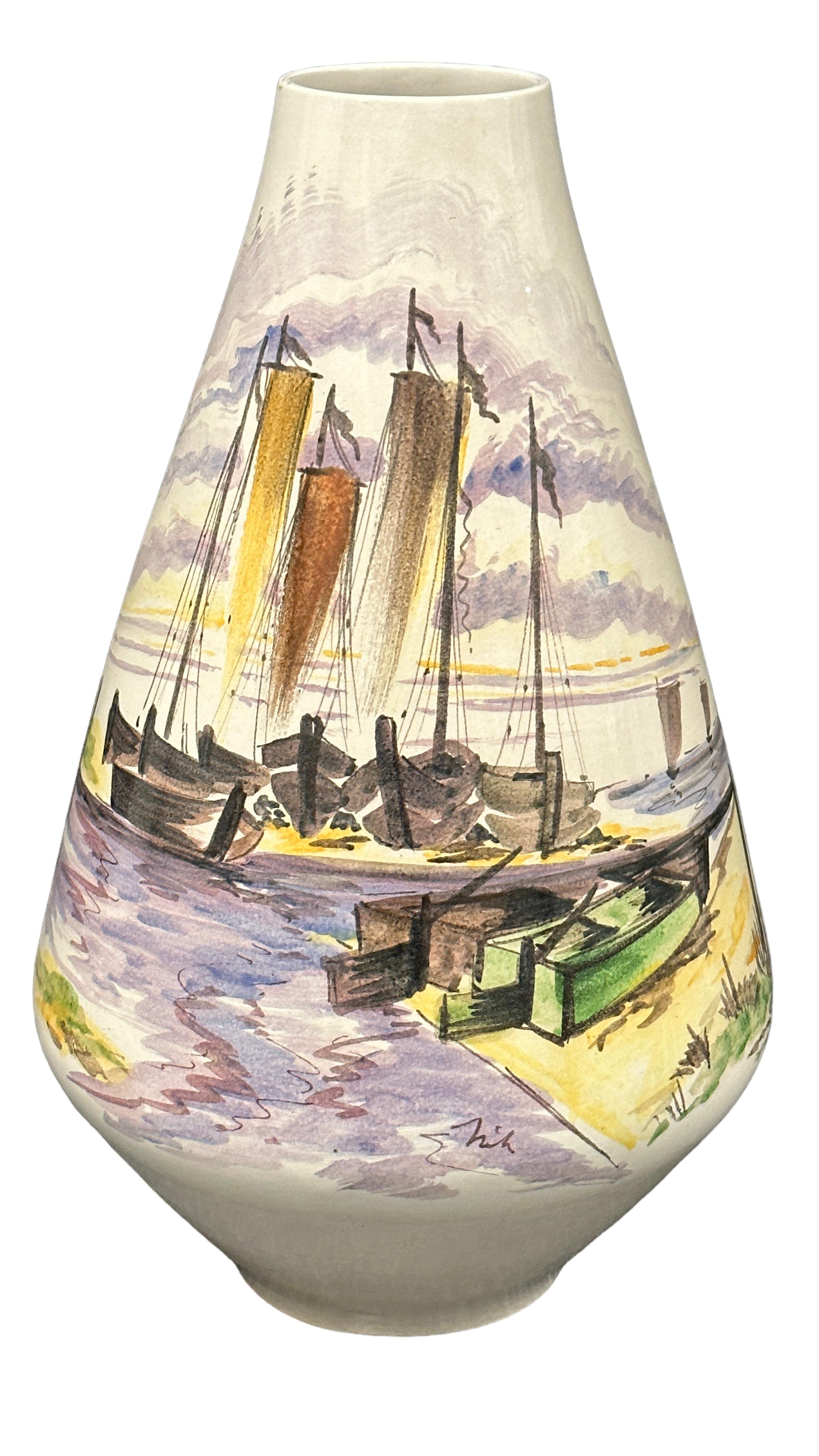 Mid-20th Century Tall Mid-Century Italian Pottery Ocean Ship Motif Floor Vase, 1960s For Sale