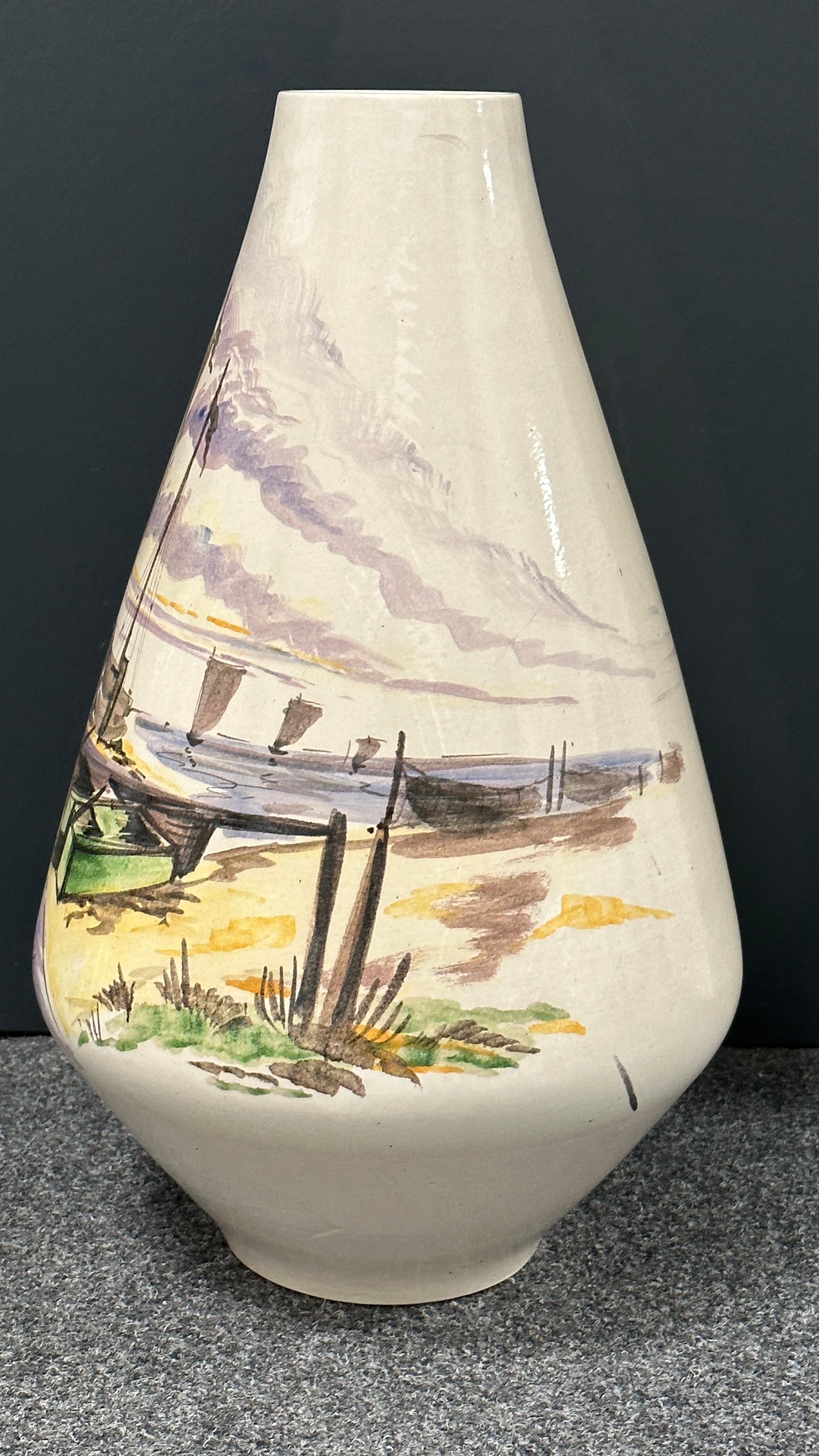 Ceramic Tall Mid-Century Italian Pottery Ocean Ship Motif Floor Vase, 1960s For Sale