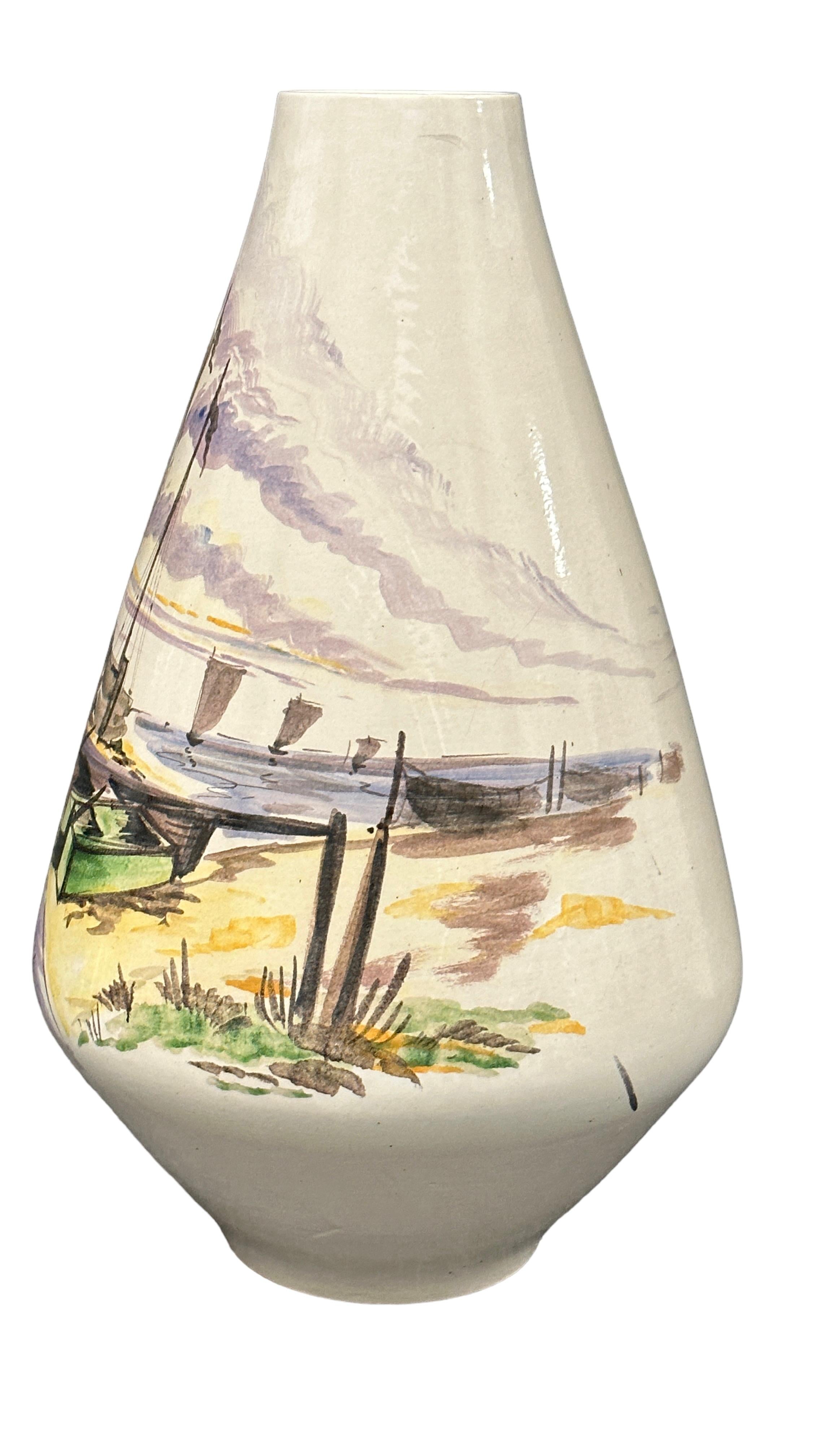 Tall Mid-Century Italian Pottery Ocean Ship Motif Floor Vase, 1960s For Sale 1