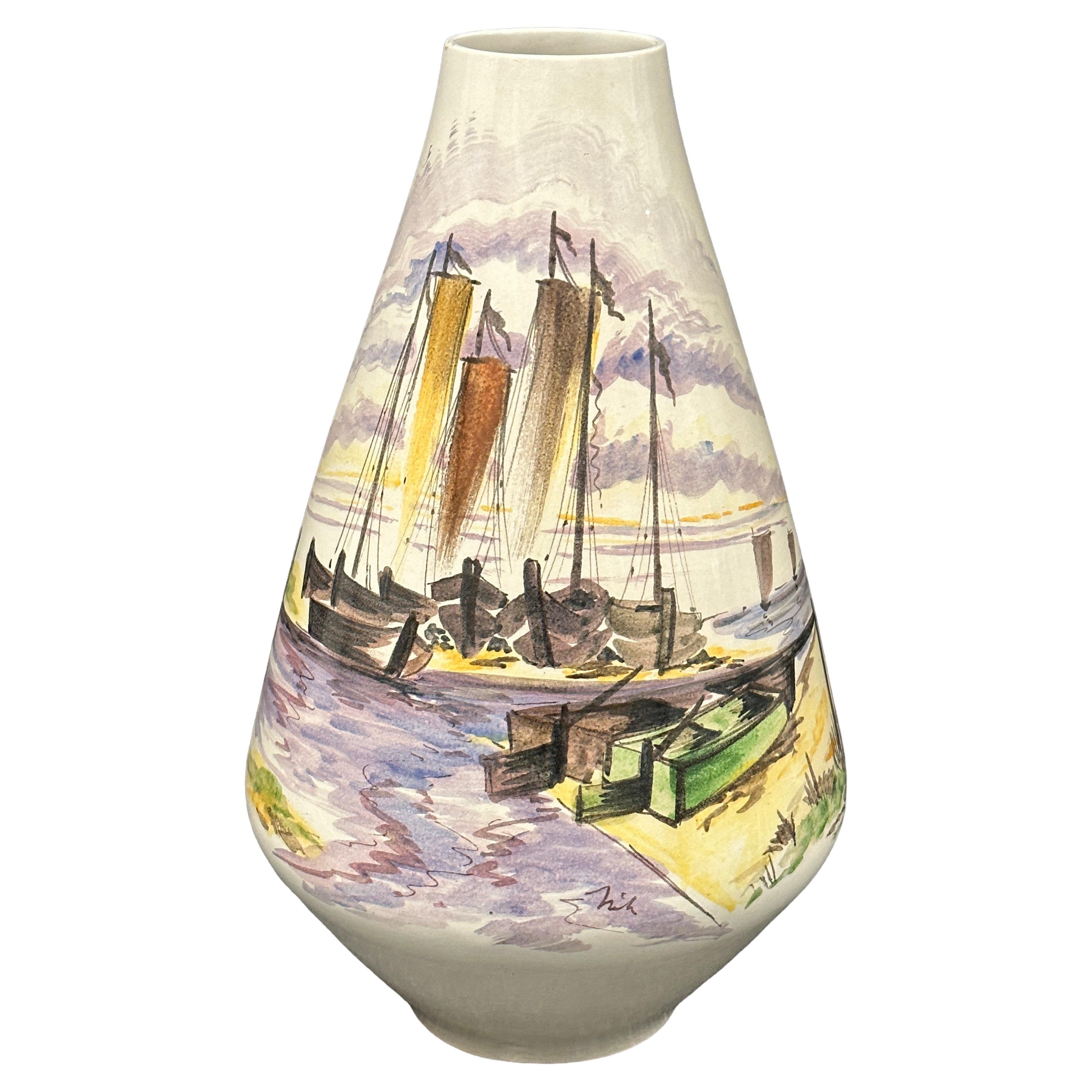 Tall Mid-Century Italian Pottery Ocean Ship Motif Floor Vase, 1960s For Sale