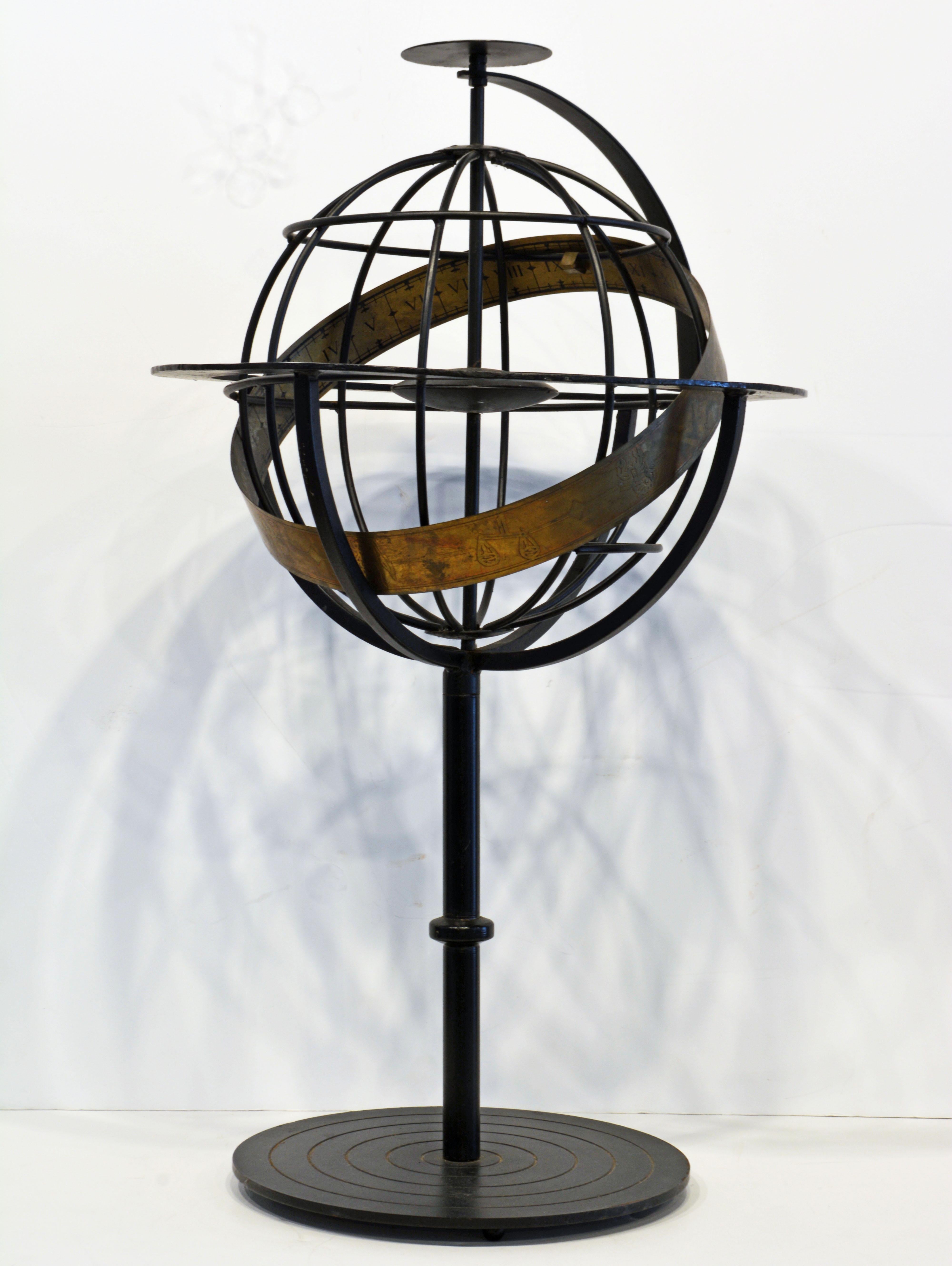 Mid-Century Modern Tall Mid Century Machine Age Style Astrology or Armillary Iron and Brass Sphere