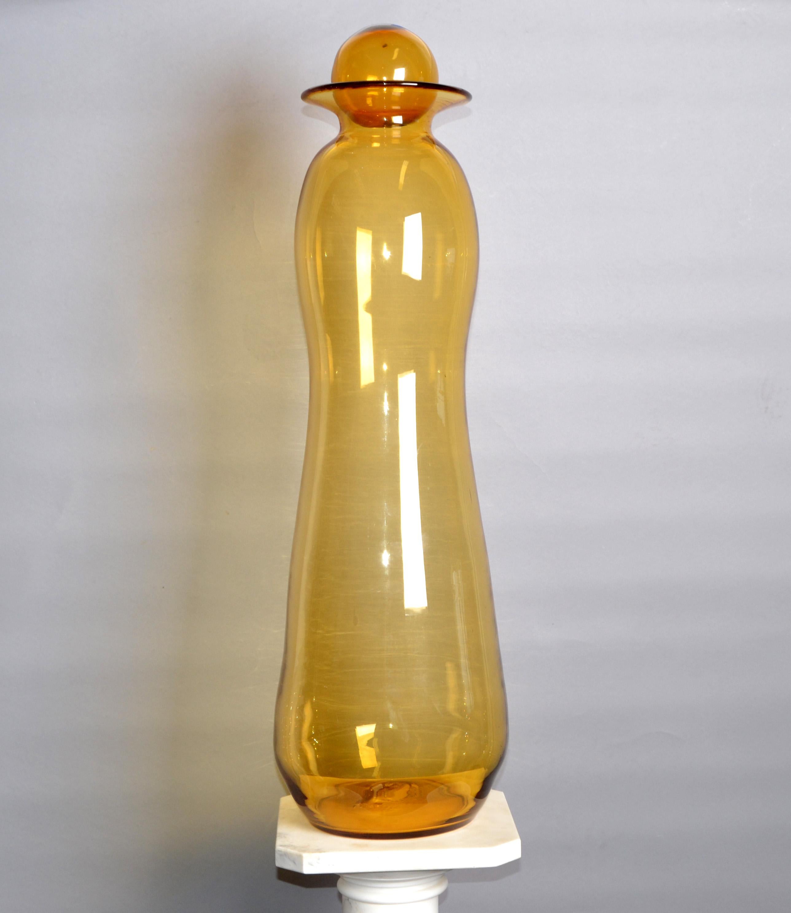 American Tall Mid-Century Modern Amber Hand Made Blown Art Glass Vessel, Vase by Blenko For Sale