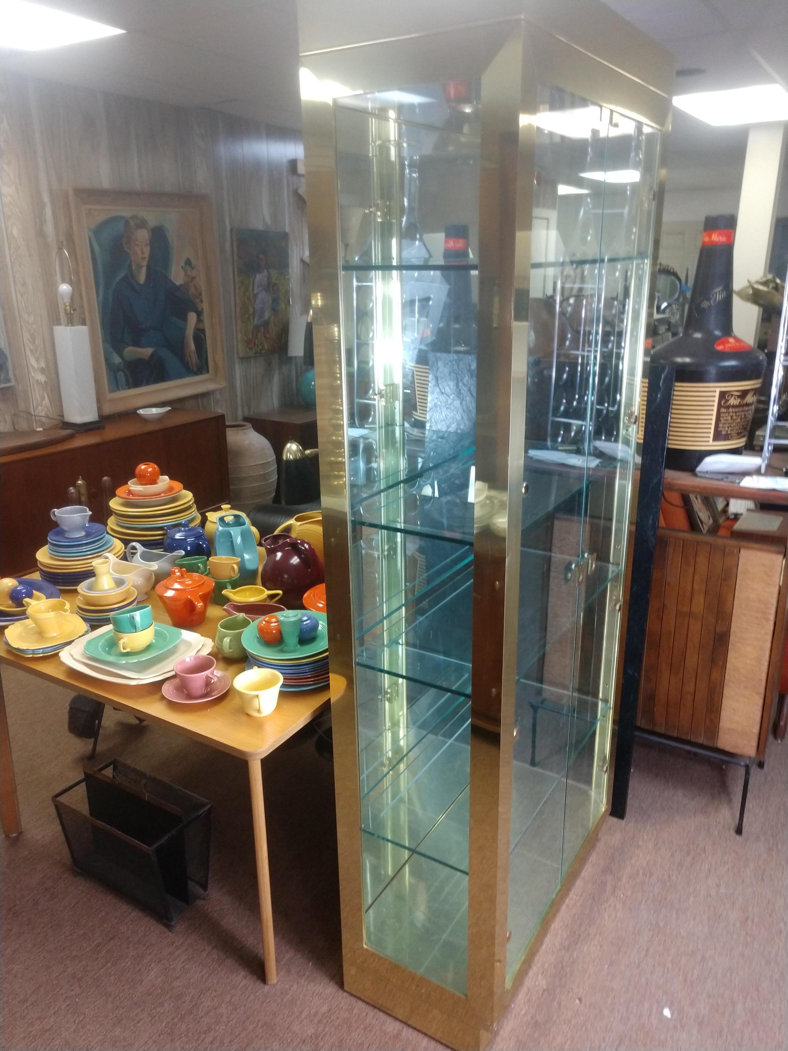 American Tall Mid Century Modern Brass and Glass Mastercraft Vitrine Cabinet For Sale