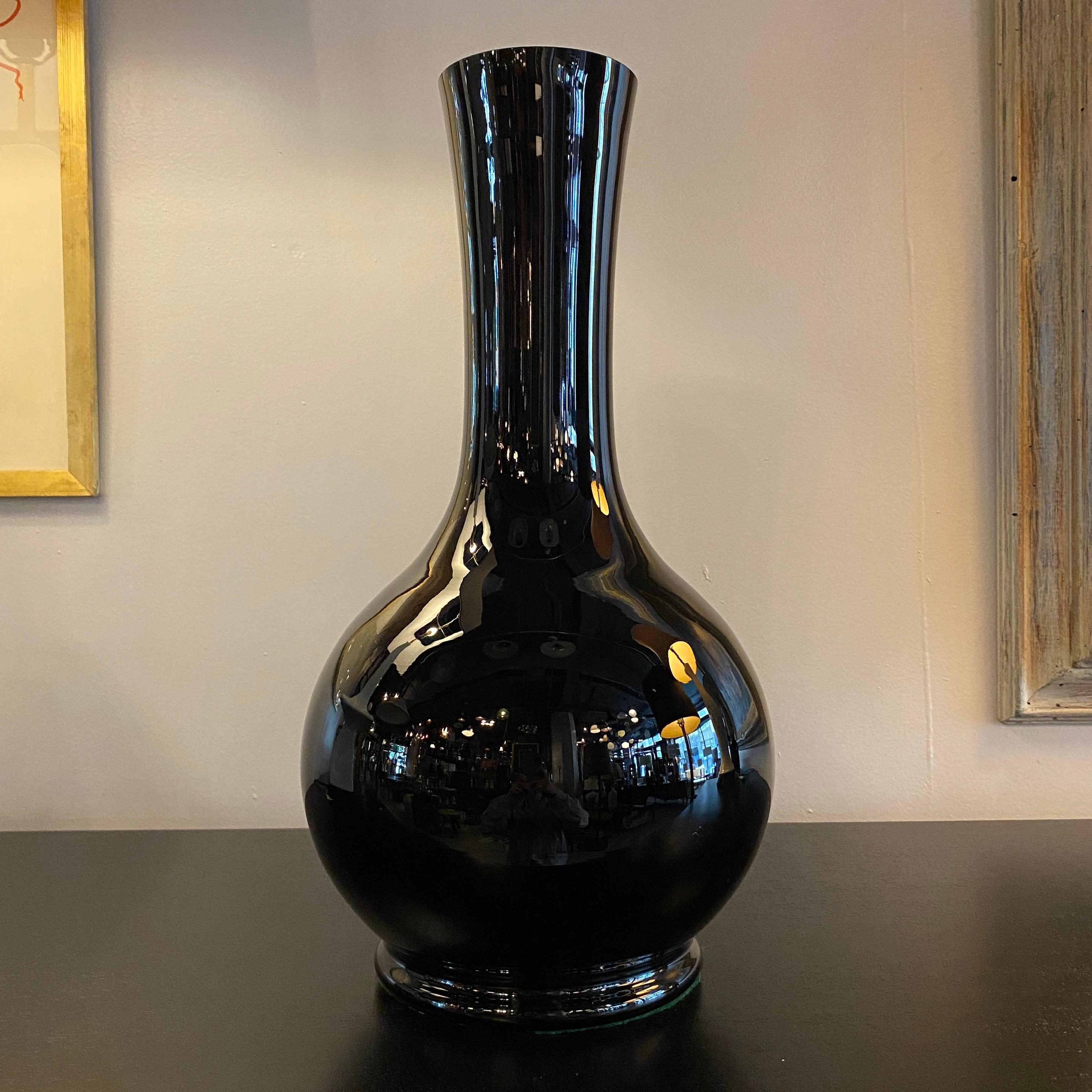 American Tall Mid-Century Modern Ebony Art Glass Vase For Sale