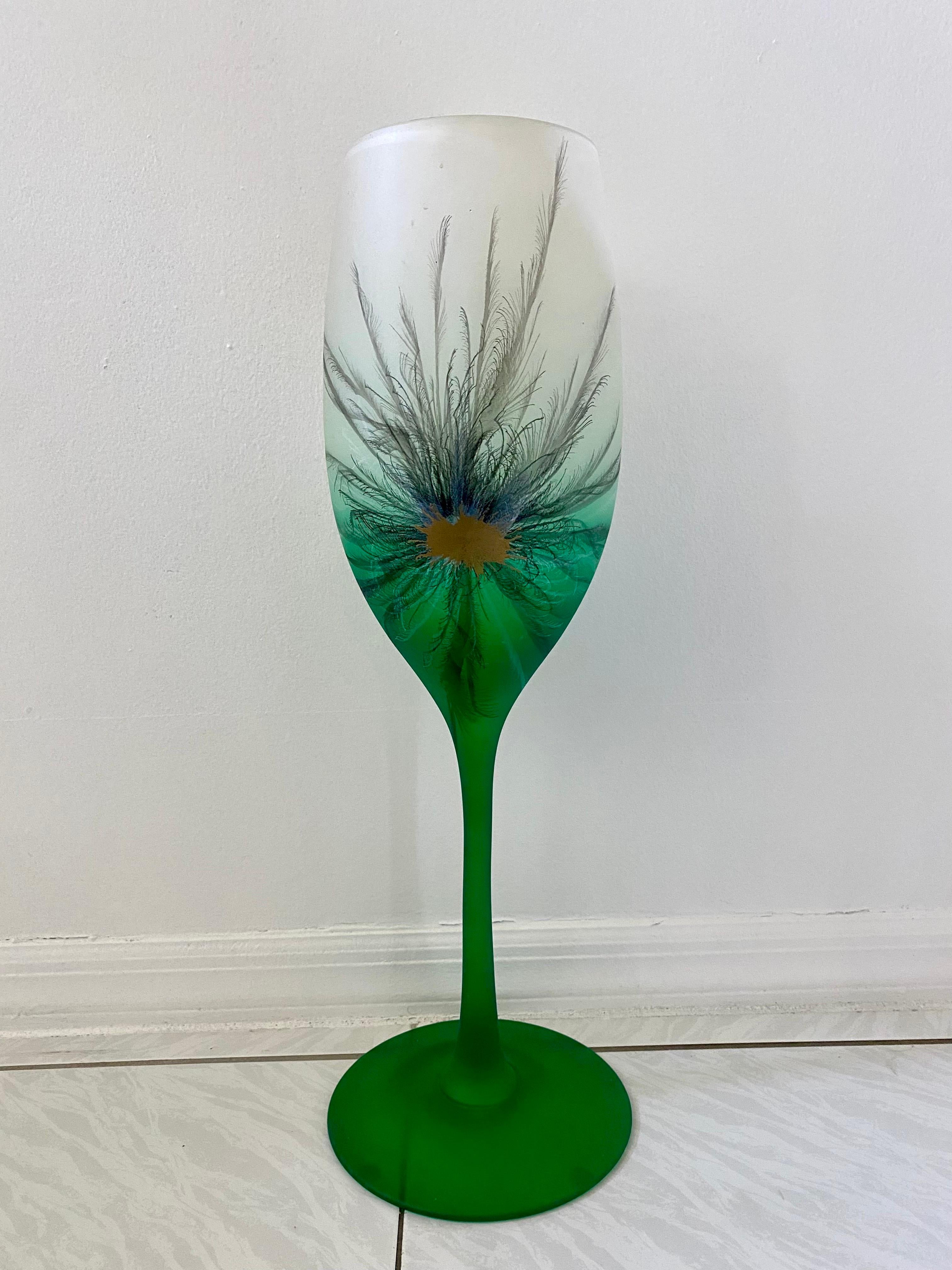 Tall Mid-Century Modern Hand Painted Glass Vase In Good Condition For Sale In Miami, FL