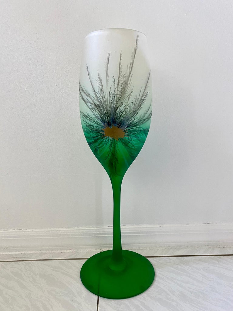Tall Mid-Century Modern Hand Painted Glass Vase For Sale at 1stDibs