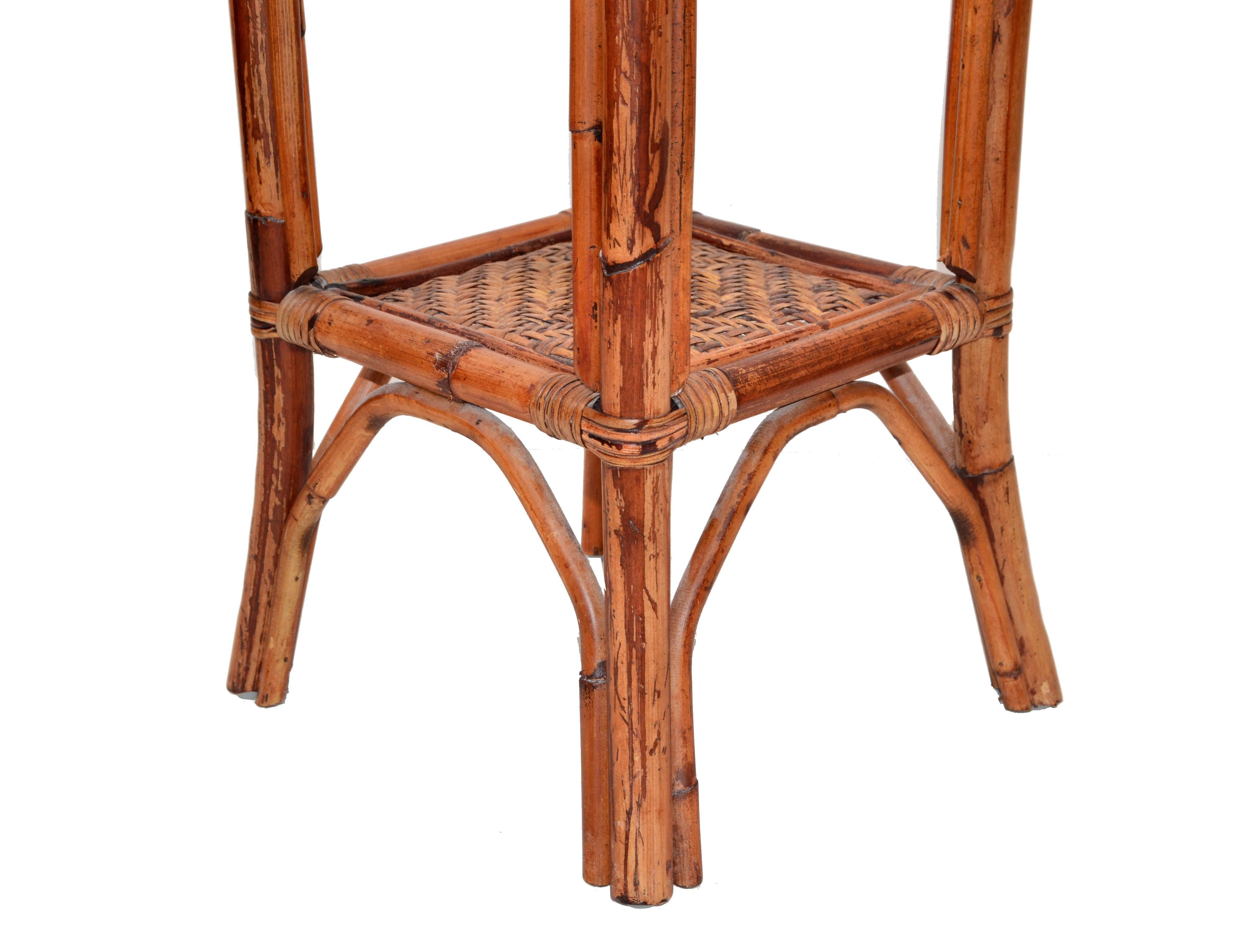 Hand-Crafted Tall Mid-Century Modern Handwoven Wicker, Rattan Plant Stand Sculpture Pedestal