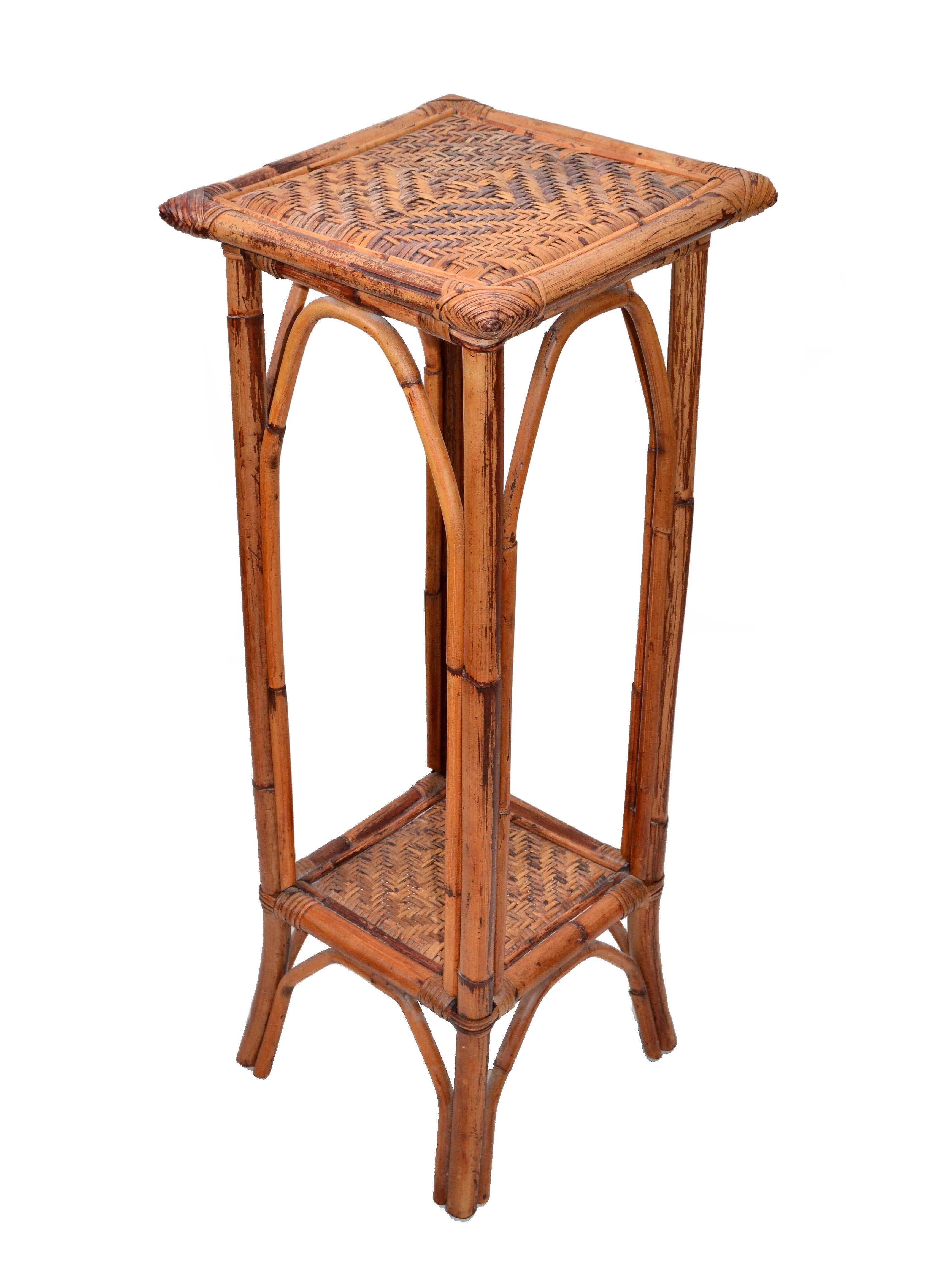 Tall Mid-Century Modern Handwoven Wicker, Rattan Plant Stand Sculpture Pedestal In Good Condition In Miami, FL