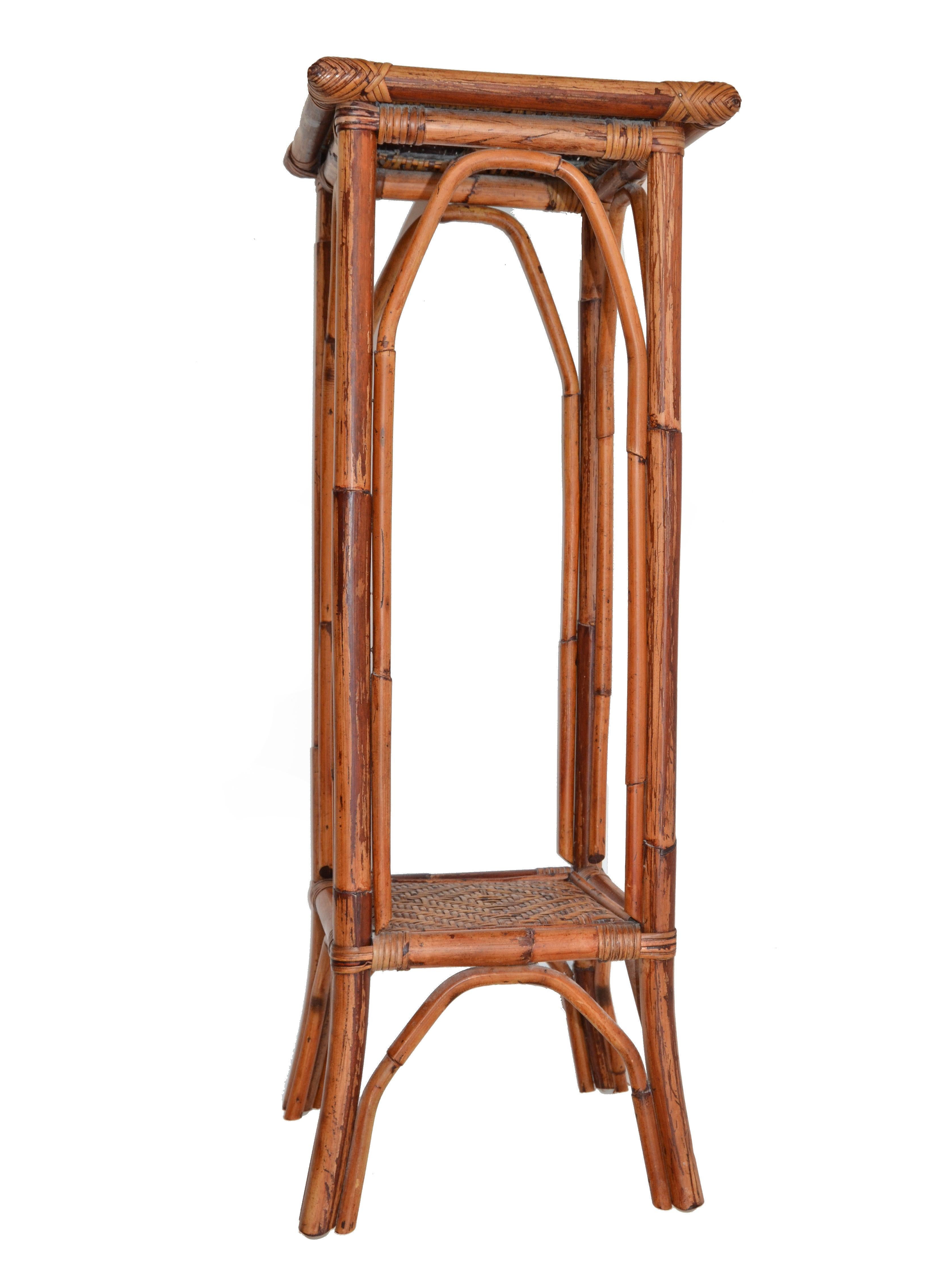 20th Century Tall Mid-Century Modern Handwoven Wicker, Rattan Plant Stand Sculpture Pedestal