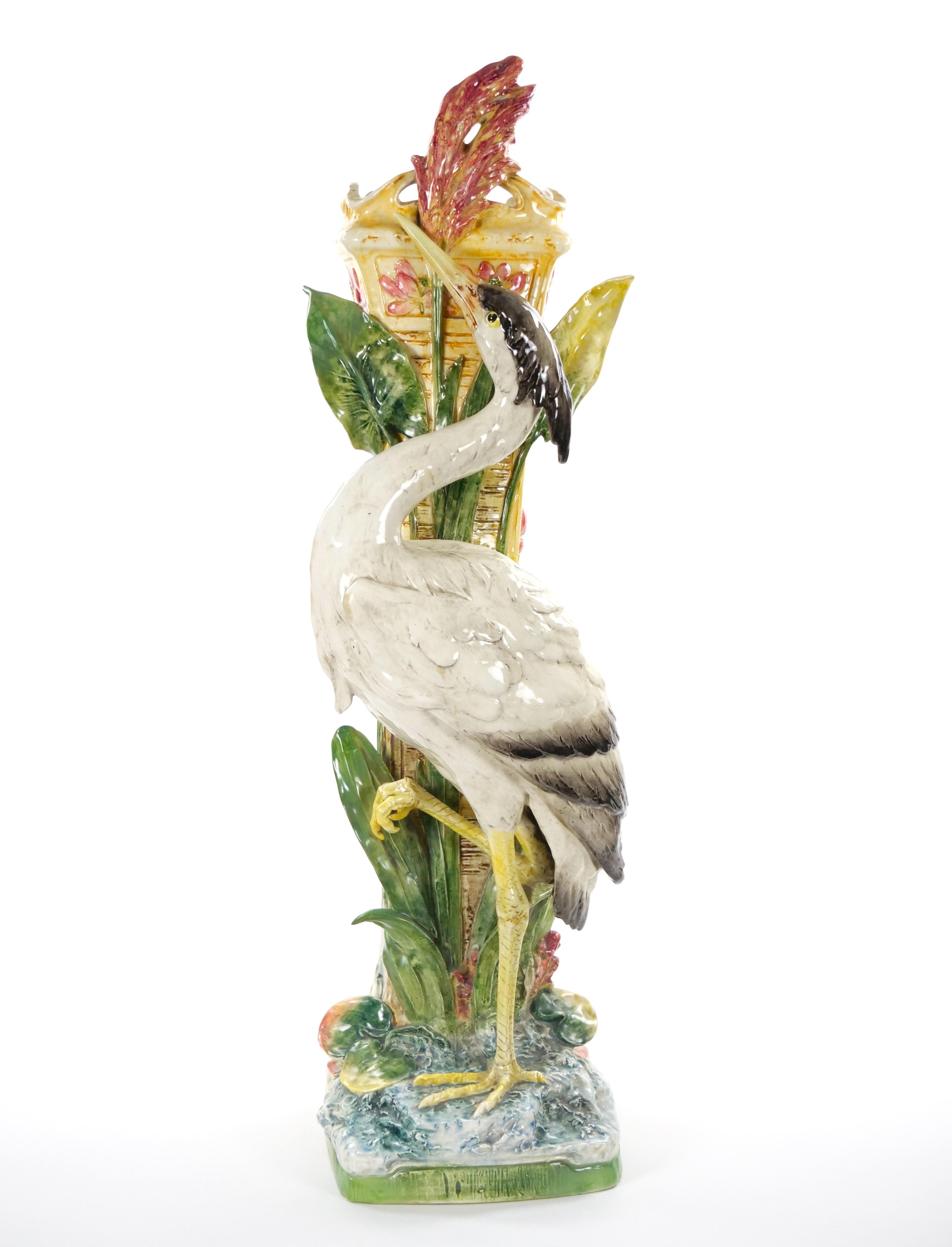 Tall Mid-Century Modern Italian Majolica Porcelain Flamingo Vase Sculpture For Sale 10