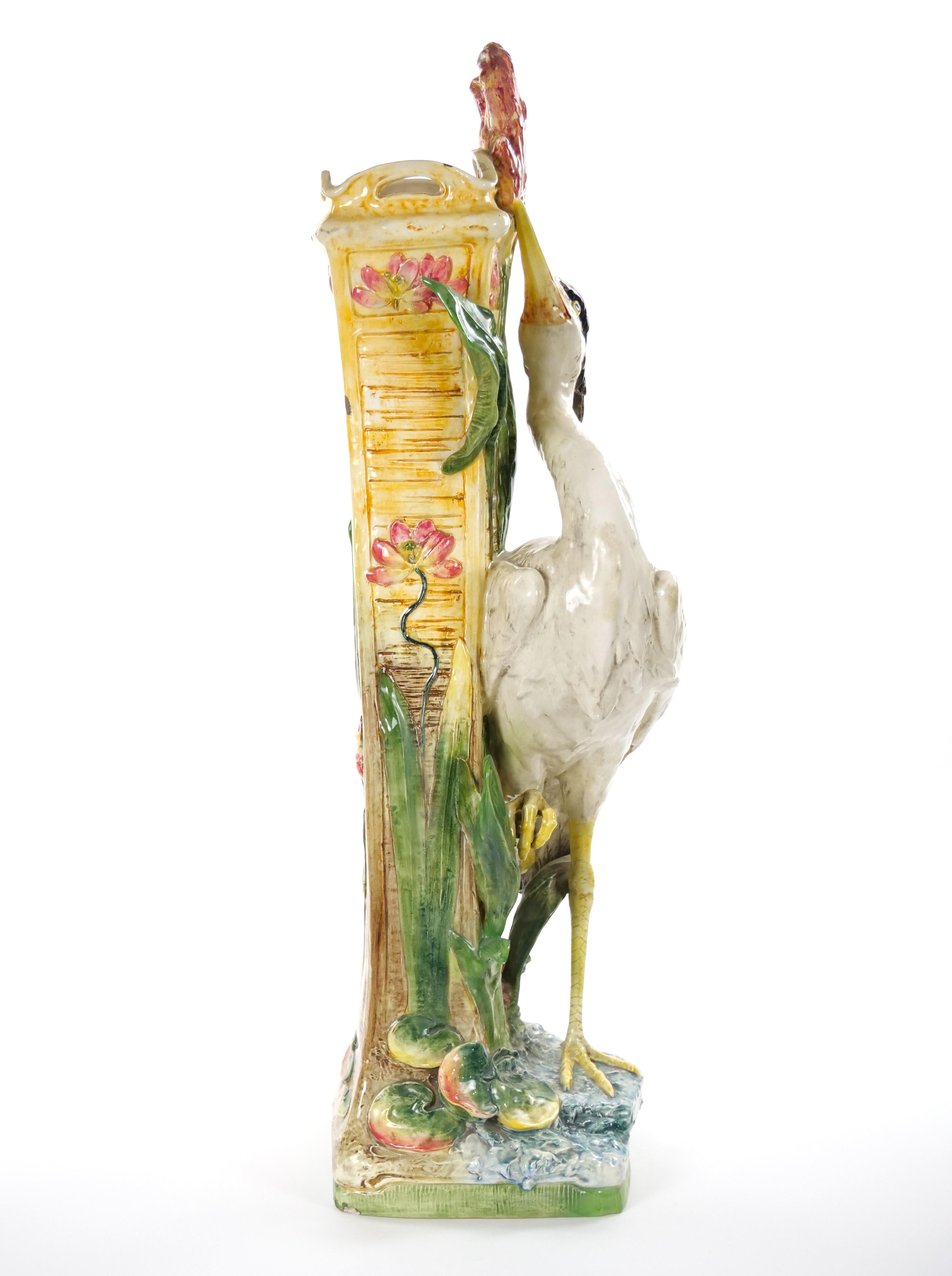 Glazed Tall Mid-Century Modern Italian Majolica Porcelain Flamingo Vase Sculpture For Sale