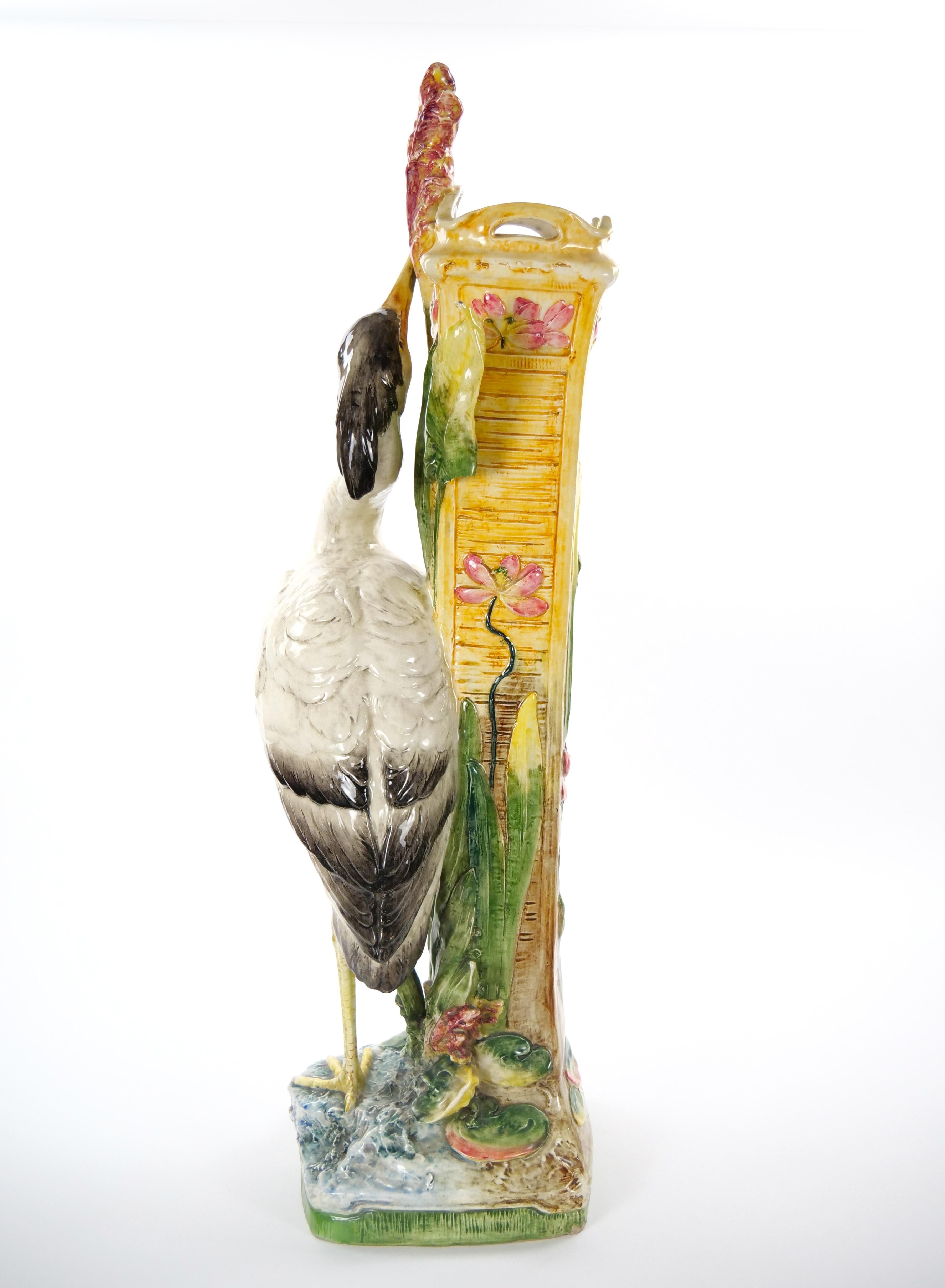 20th Century Tall Mid-Century Modern Italian Majolica Porcelain Flamingo Vase Sculpture For Sale