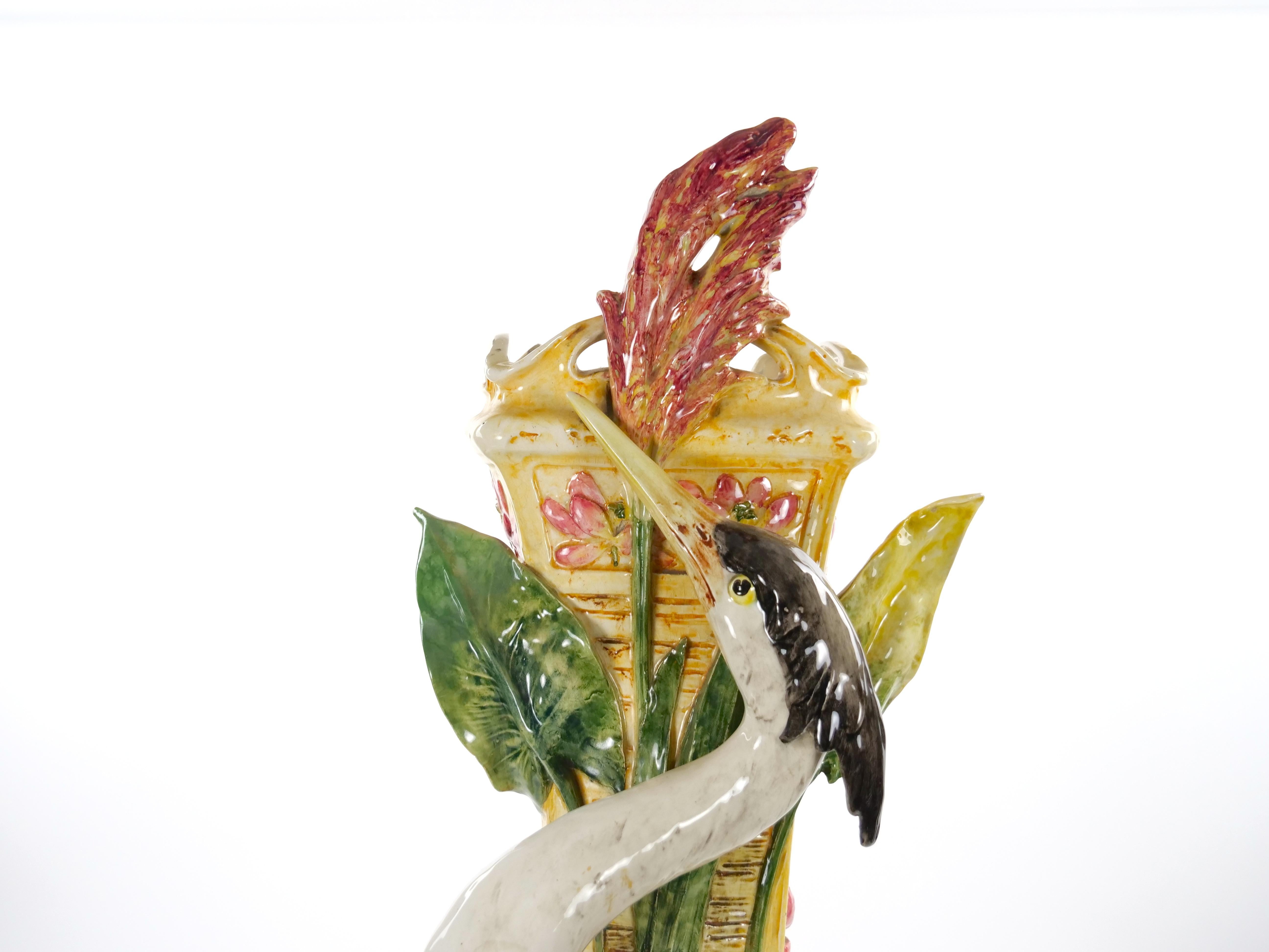 Tall Mid-Century Modern Italian Majolica Porcelain Flamingo Vase Sculpture For Sale 1
