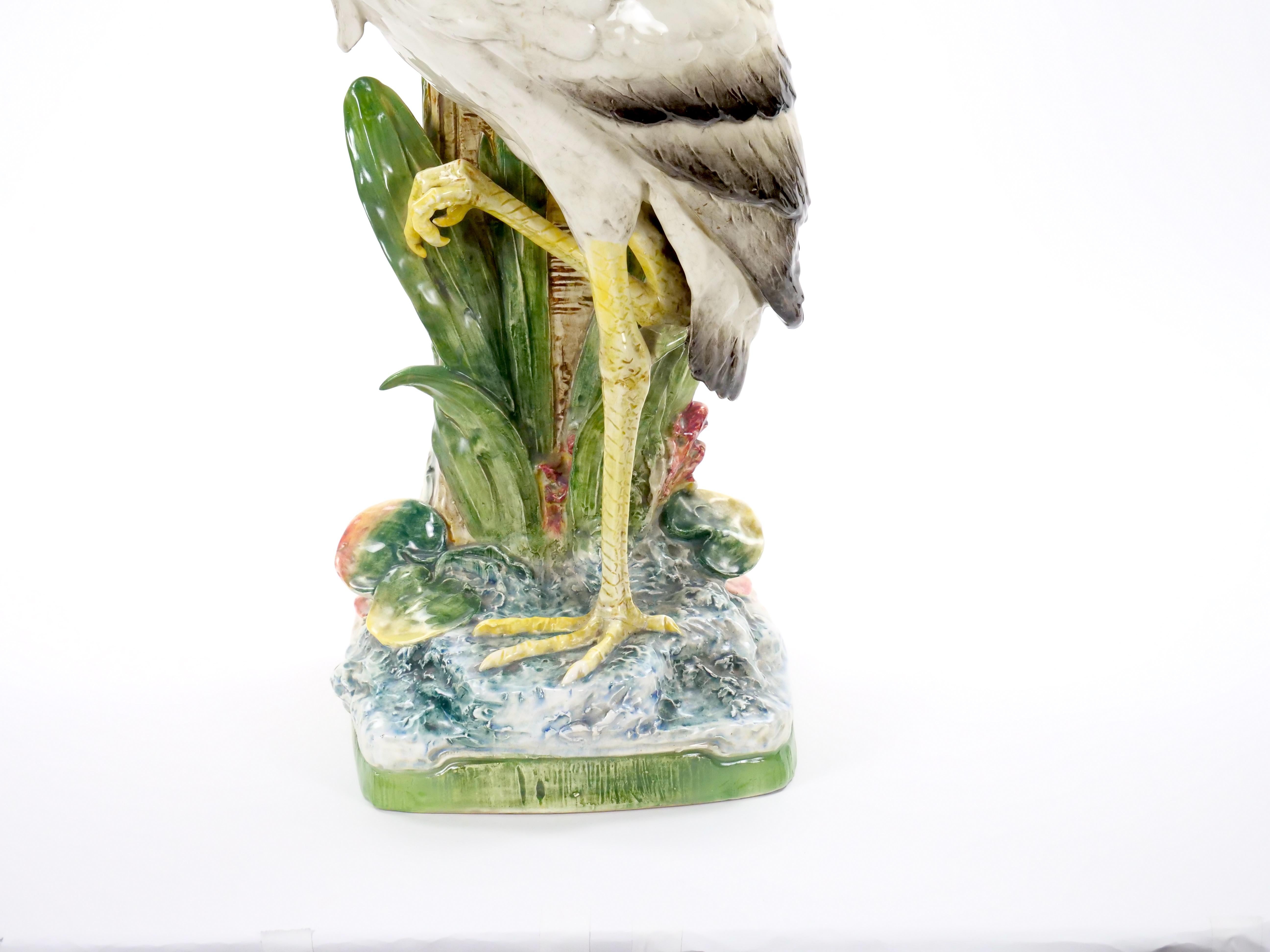 Tall Mid-Century Modern Italian Majolica Porcelain Flamingo Vase Sculpture For Sale 2