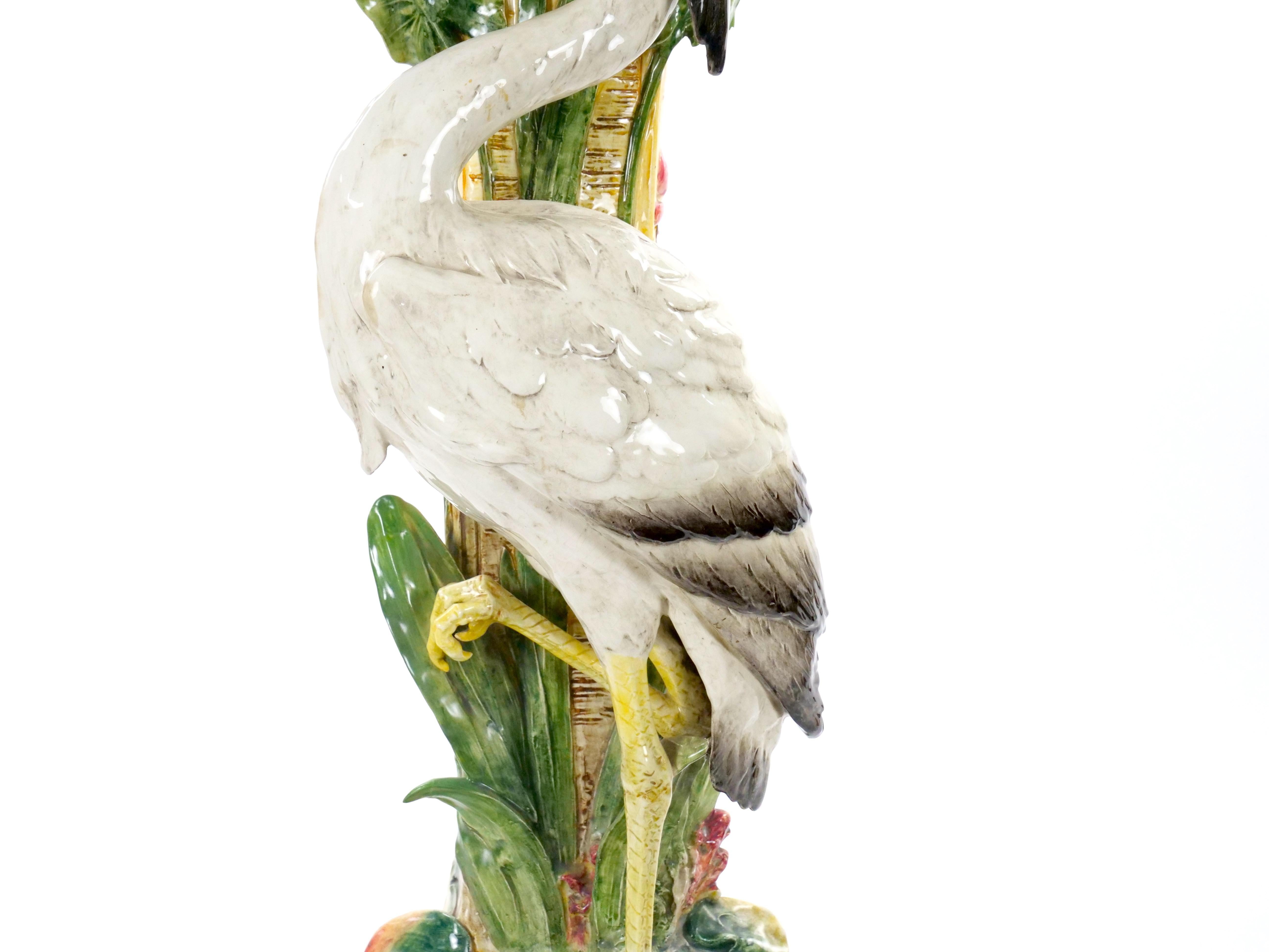 Tall Mid-Century Modern Italian Majolica Porcelain Flamingo Vase Sculpture For Sale 3