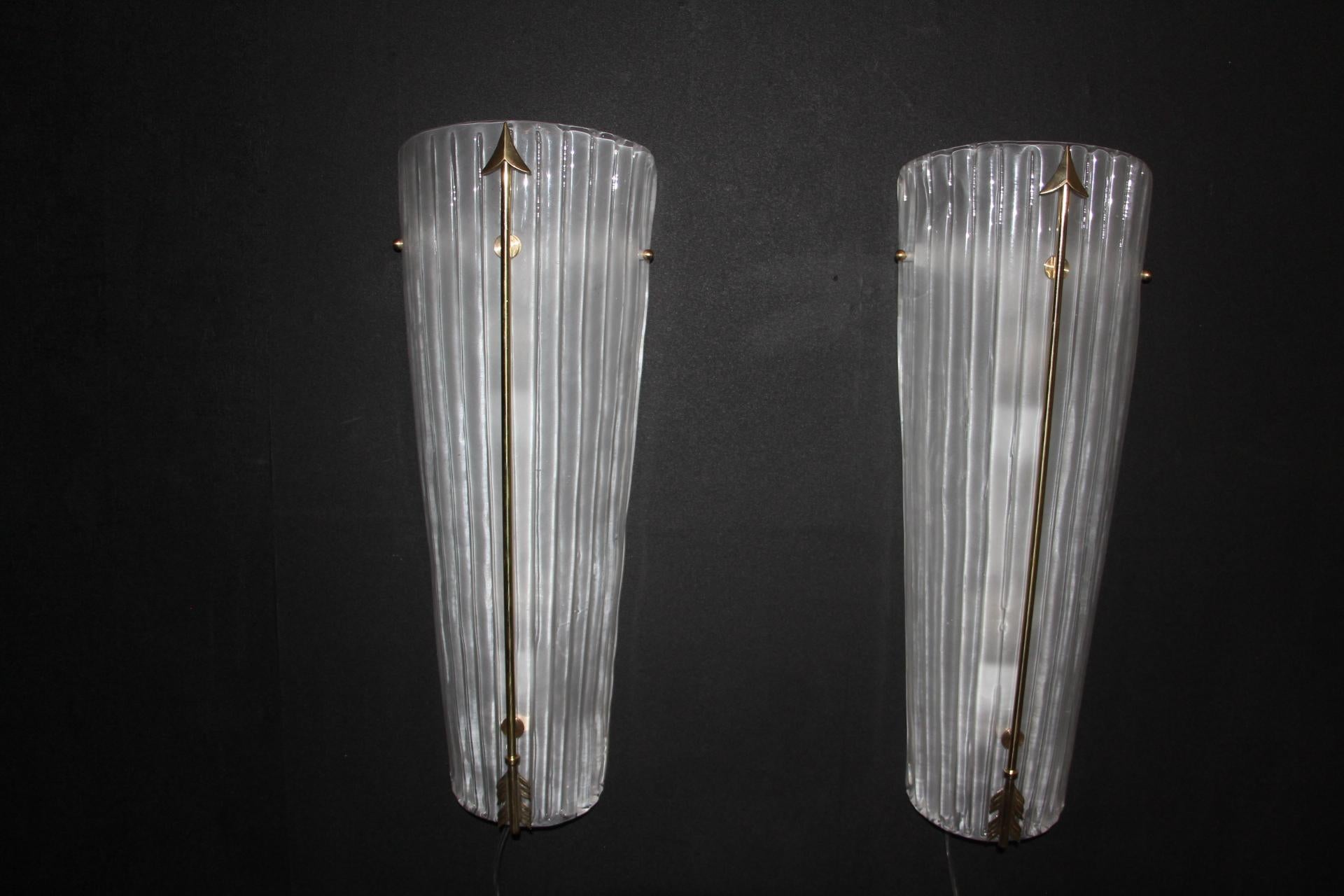 Tall Mid-Century Pair of Sconces in White Glass , Petitot Style Wall Lights 4