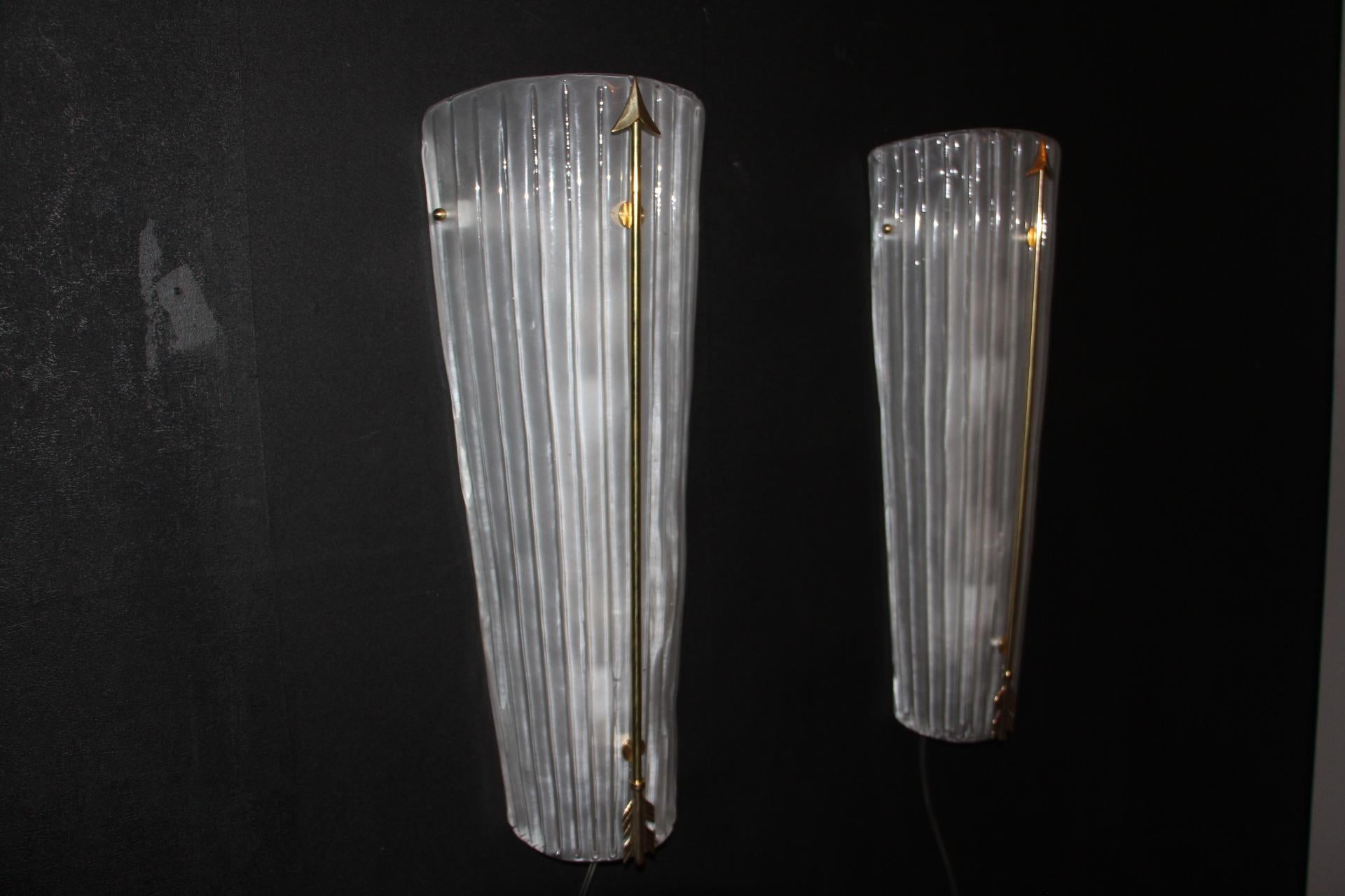 Tall Mid-Century Pair of Sconces in White Glass , Petitot Style Wall Lights 5