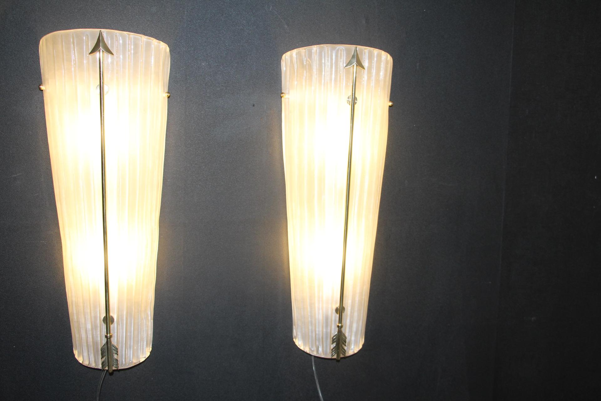 Tall Mid-Century Pair of Sconces in White Glass , Petitot Style Wall Lights 9