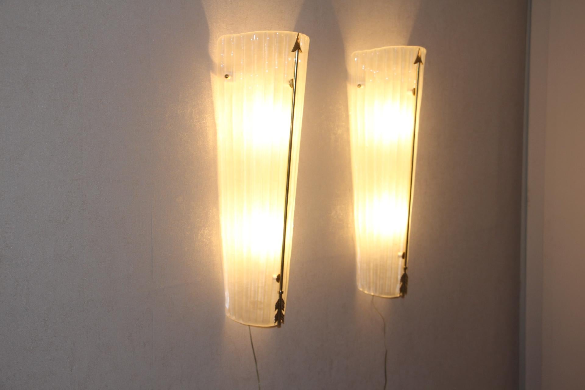 French Tall Mid-Century Pair of Sconces in White Glass , Petitot Style Wall Lights