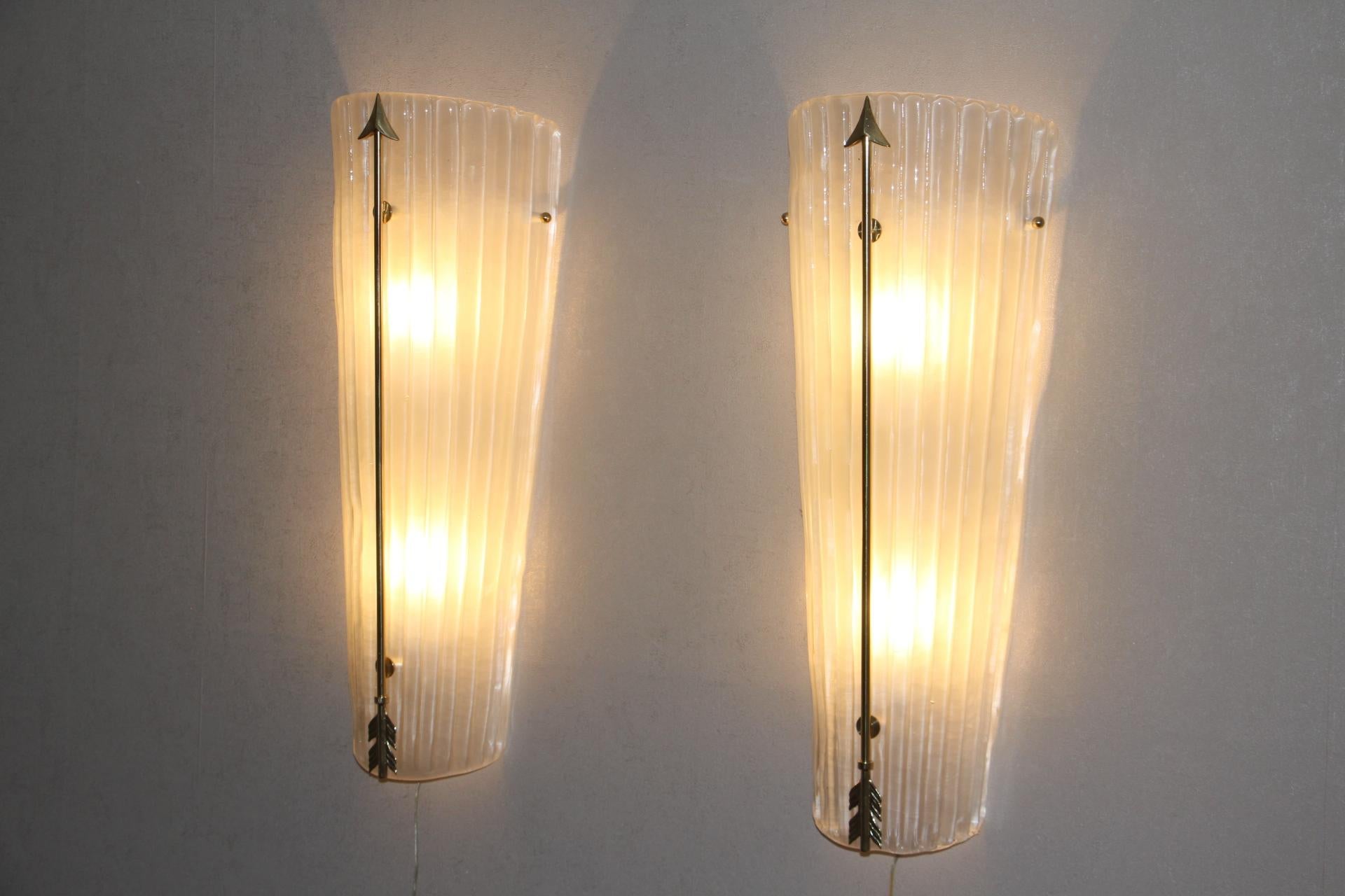 Late 20th Century Tall Mid-Century Pair of Sconces in White Glass , Petitot Style Wall Lights