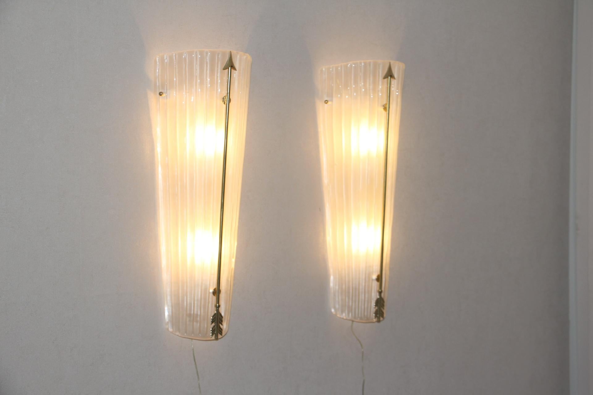 Mid-Century Modern Tall Mid-Century Pair of Sconces in White Glass , Petitot Style Wall Lights