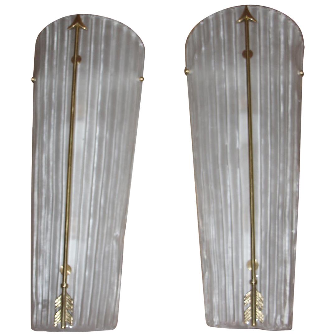 Tall Mid-Century Modern Pair of Sconces Brass and  White Glass , Petitot Style