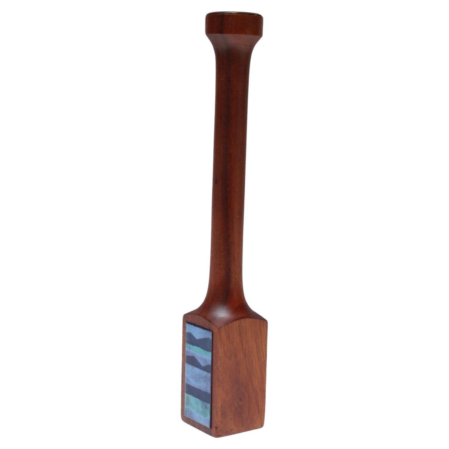 Tall Mid-Century Modern Sculpted Walnut and Enamel Candleholder by Ernest Sohn For Sale