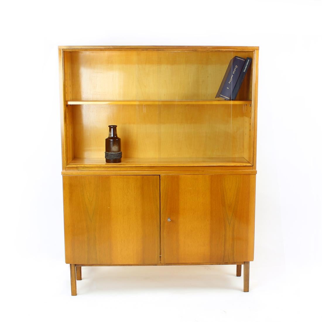 Glass Tall Mid-Century Modern Sideboard In Walnut By Jitona, Czechoslovakia For Sale