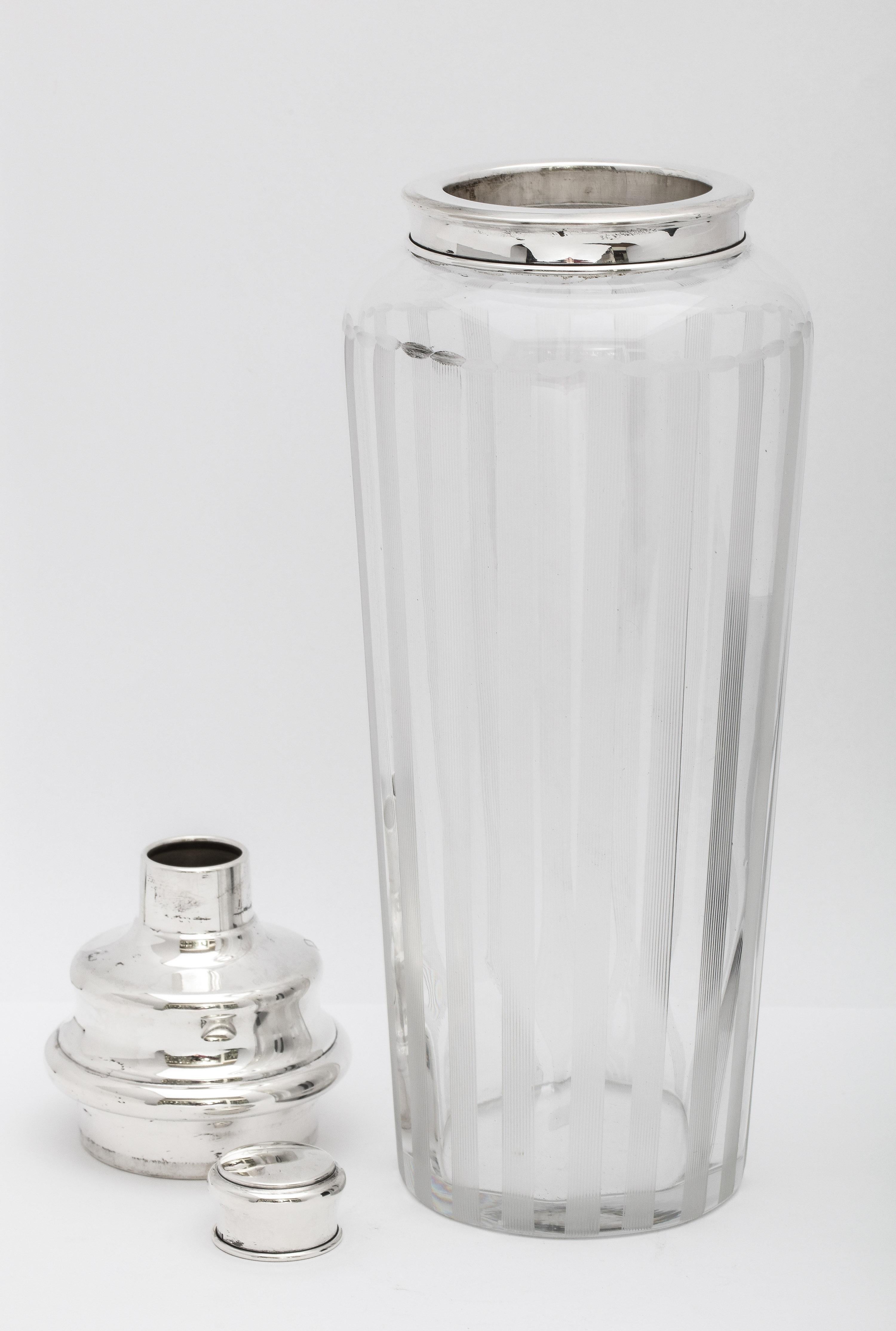 Tall Mid-Century Modern Sterling Silver-Mounted Glass Cocktail Shake, Hawkes 6
