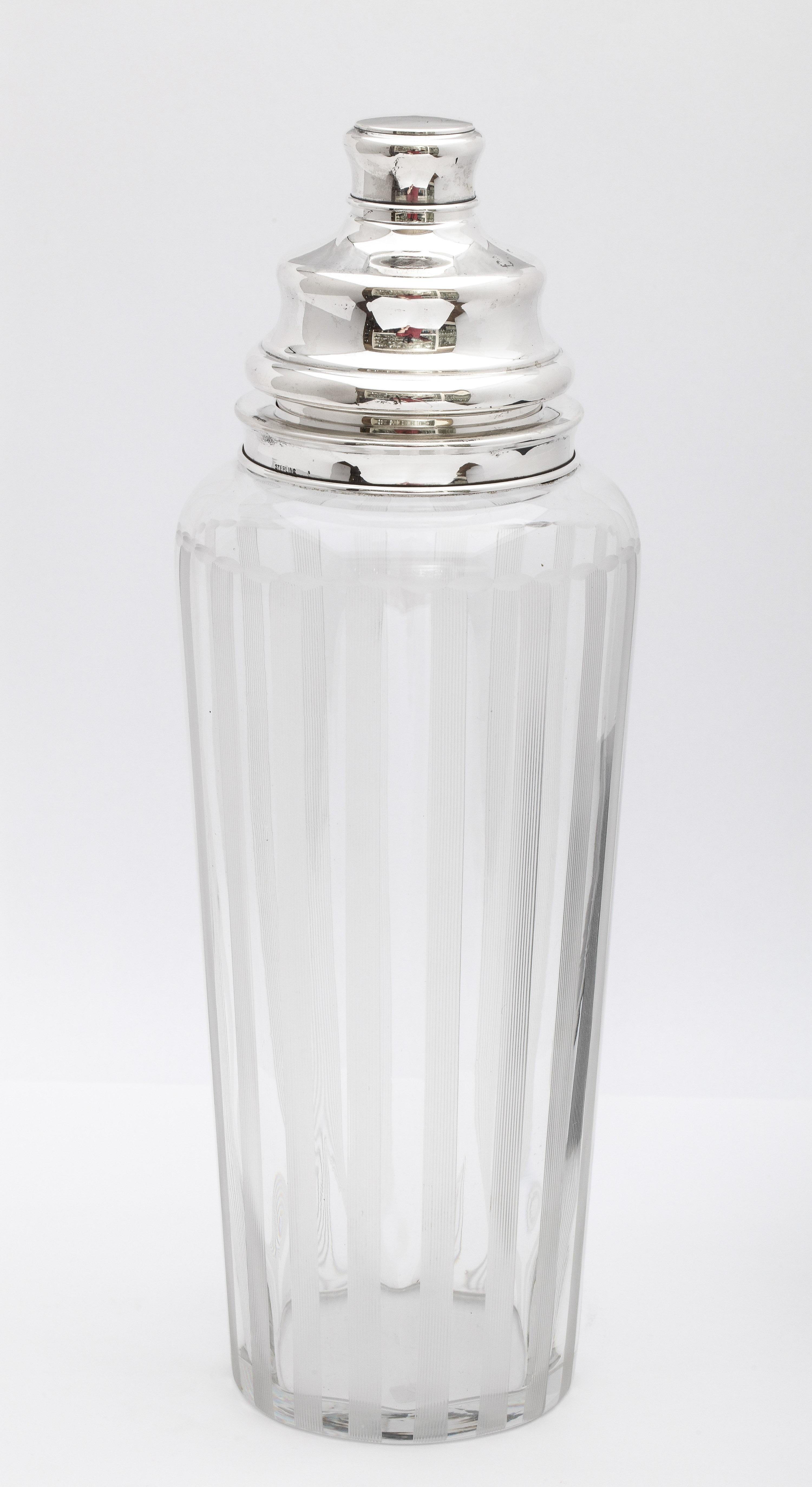 American Tall Mid-Century Modern Sterling Silver-Mounted Glass Cocktail Shake, Hawkes