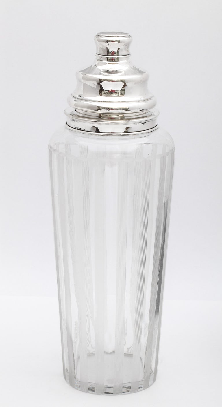 American Tall Mid-Century Modern Sterling Silver-Mounted Glass Cocktail Shake, Hawkes For Sale