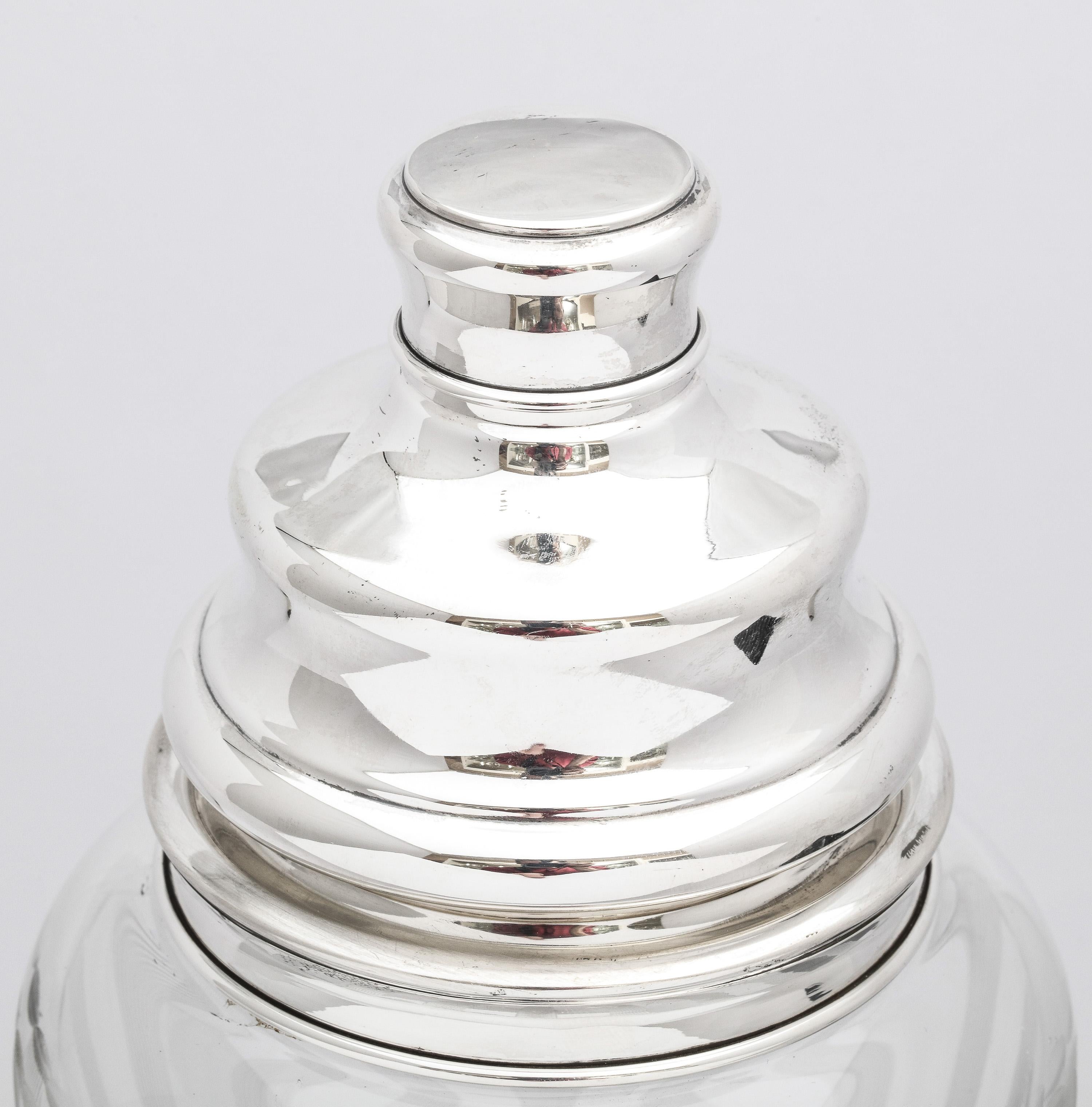 Mid-20th Century Tall Mid-Century Modern Sterling Silver-Mounted Glass Cocktail Shake, Hawkes