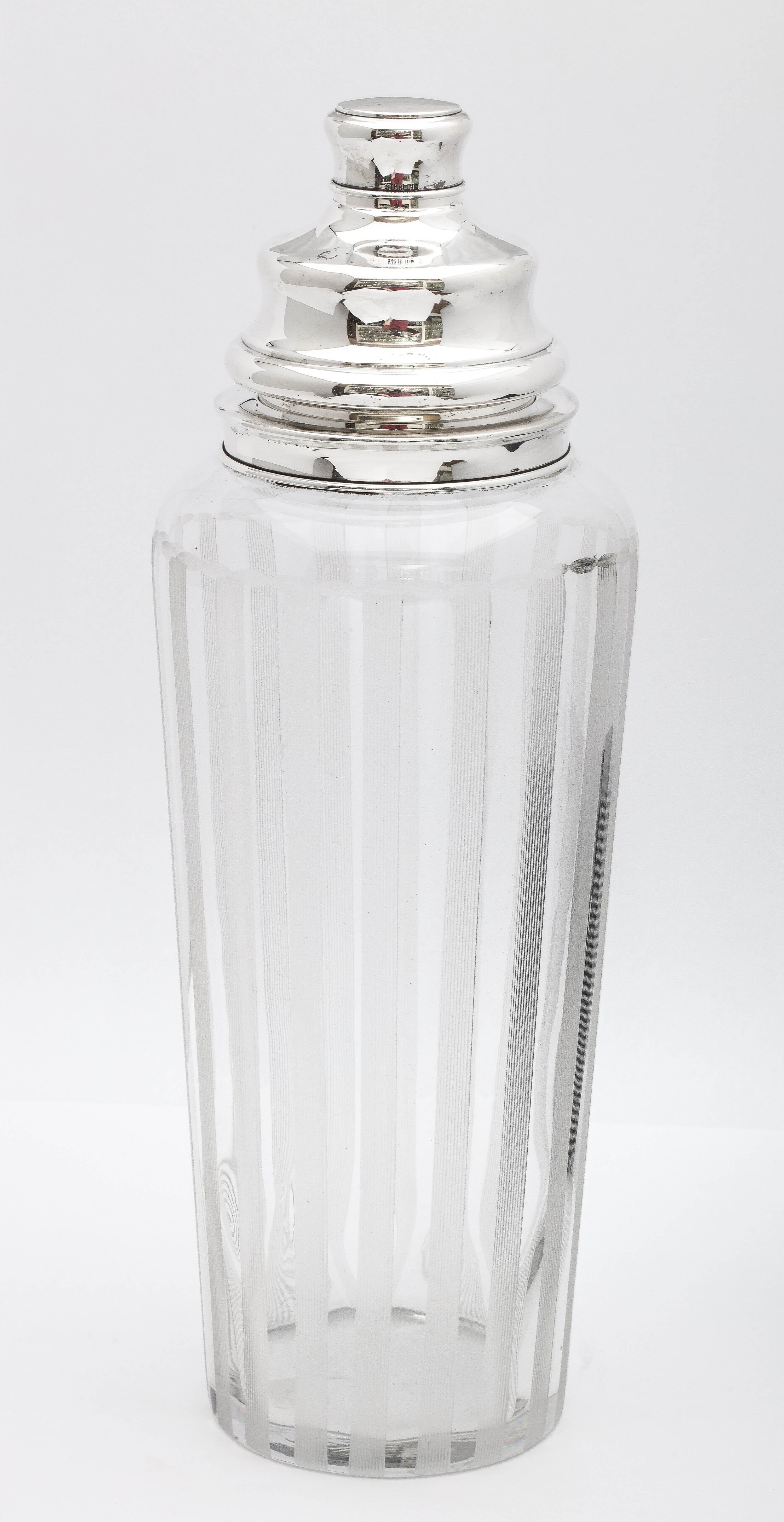 Tall Mid-Century Modern Sterling Silver-Mounted Glass Cocktail Shake, Hawkes 1