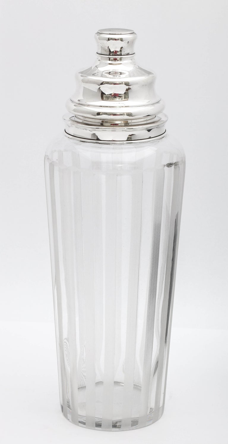 Tall Mid-Century Modern Sterling Silver-Mounted Glass Cocktail Shake, Hawkes For Sale 1