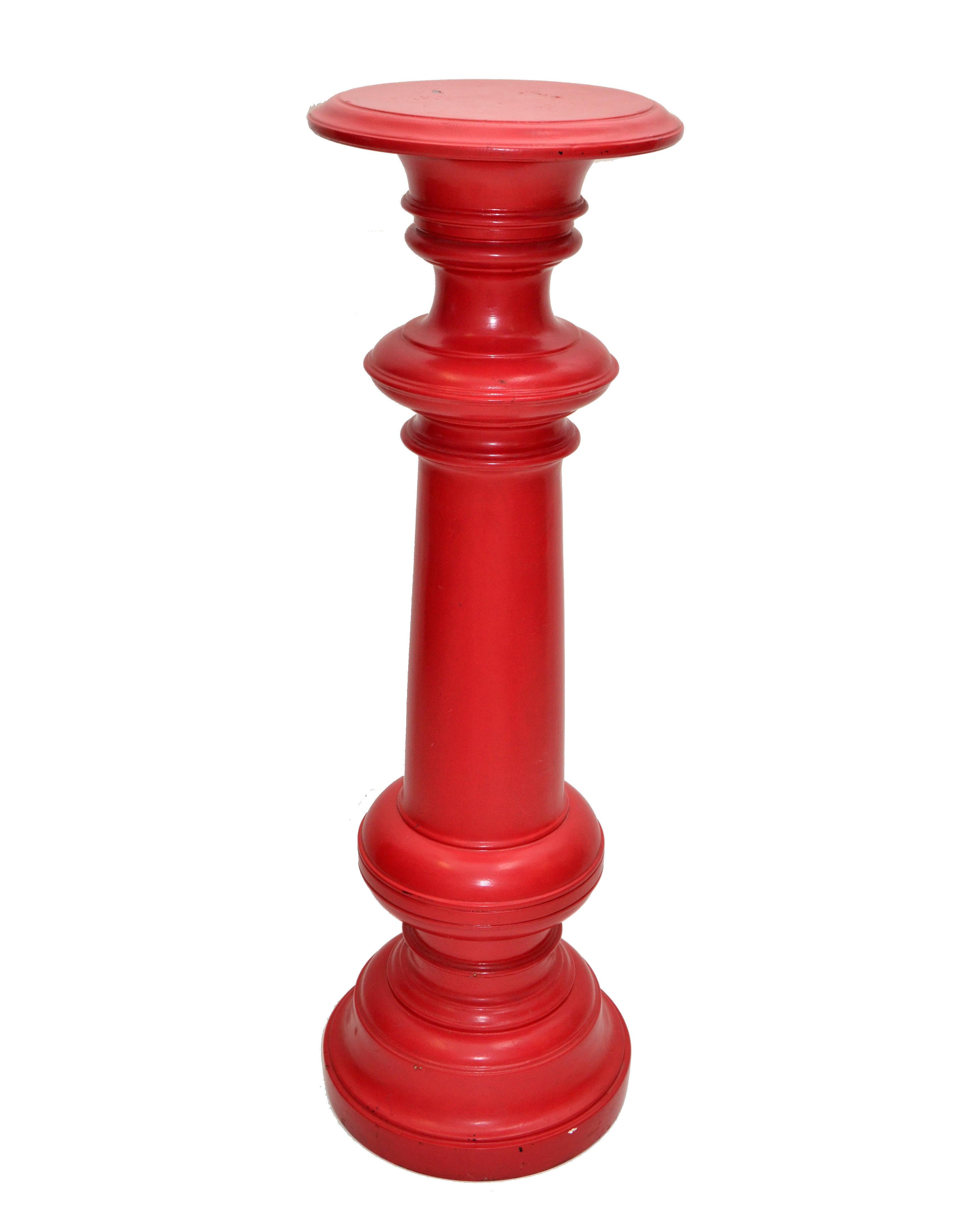 Tall Mid-Century Modern Turned Wood Red Finish Plant Stand Sculpture Pedestal For Sale 5