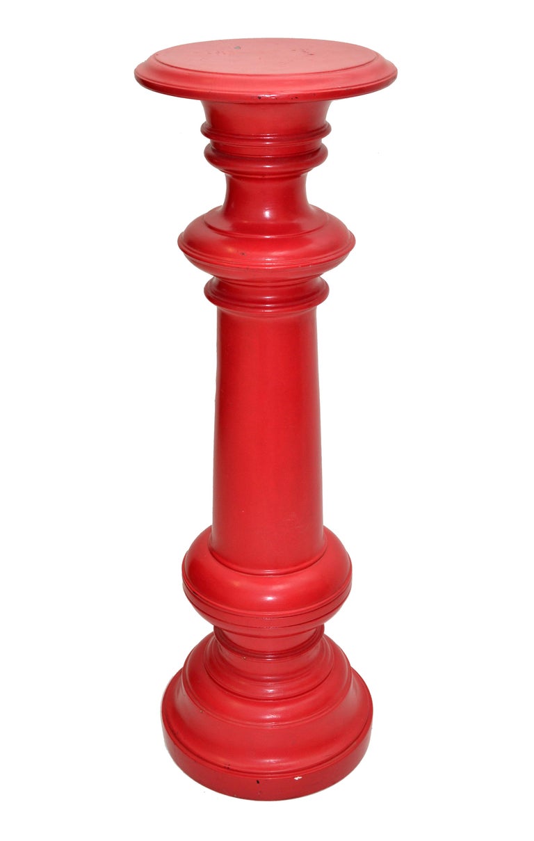 Tall MidCentury Modern Turned Wood Red Finish Plant Stand Sculpture