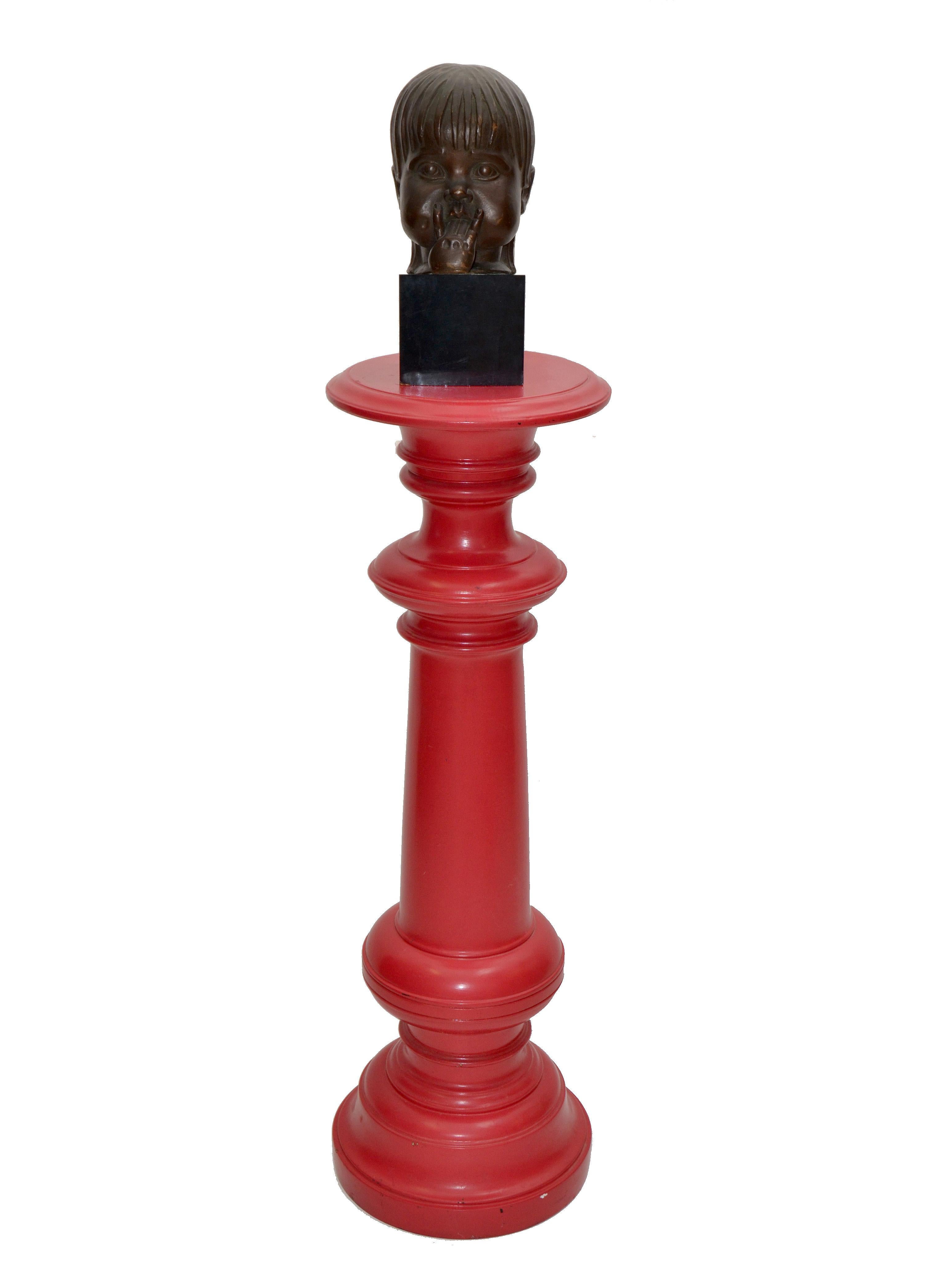 American Tall Mid-Century Modern Turned Wood Red Finish Plant Stand Sculpture Pedestal For Sale
