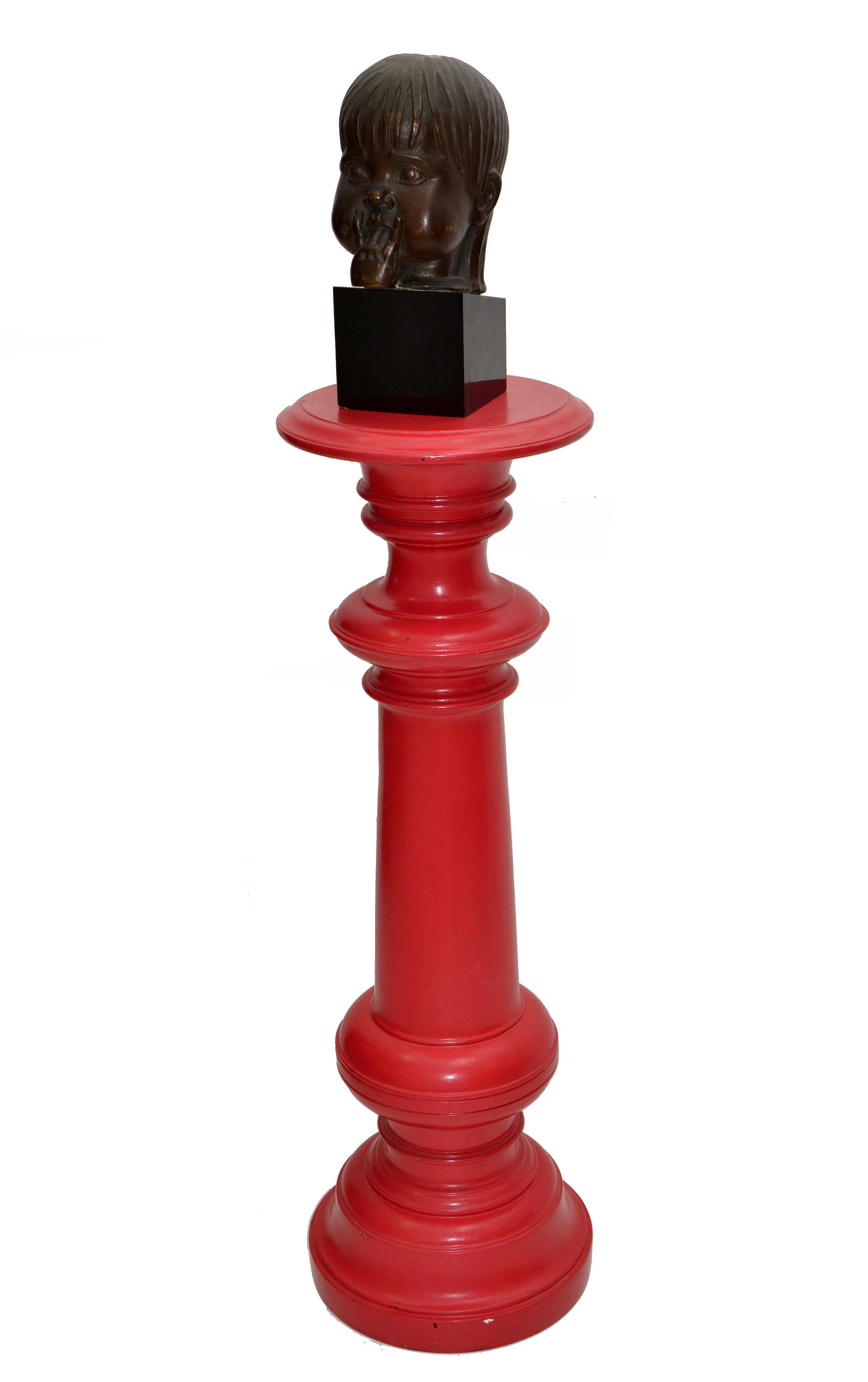 Tall Mid-Century Modern Turned Wood Red Finish Plant Stand Sculpture Pedestal In Good Condition For Sale In Miami, FL