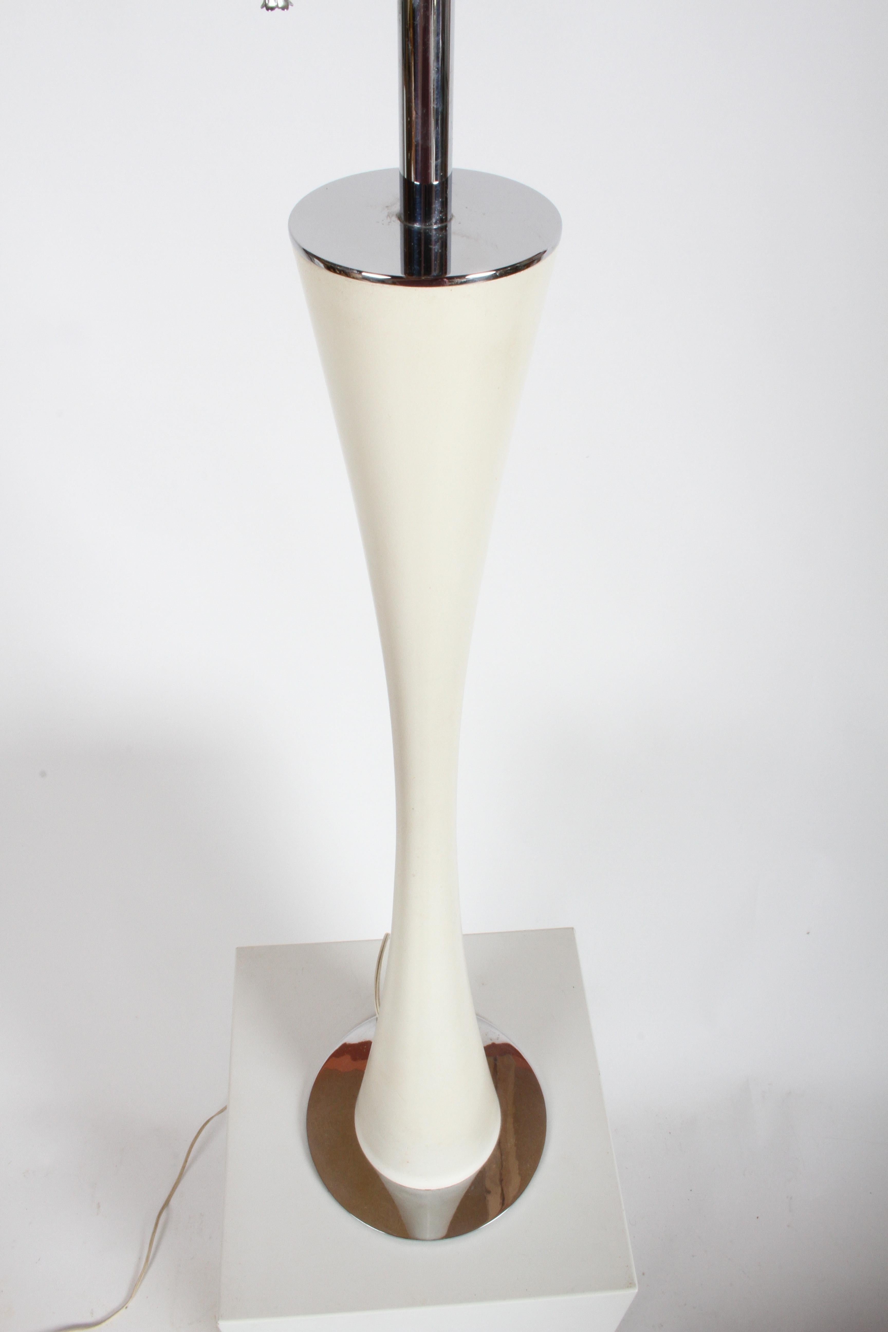 Lacquered Tall Mid-Century Modern White Tulip Form Column Table Lamp with Chrome Base For Sale