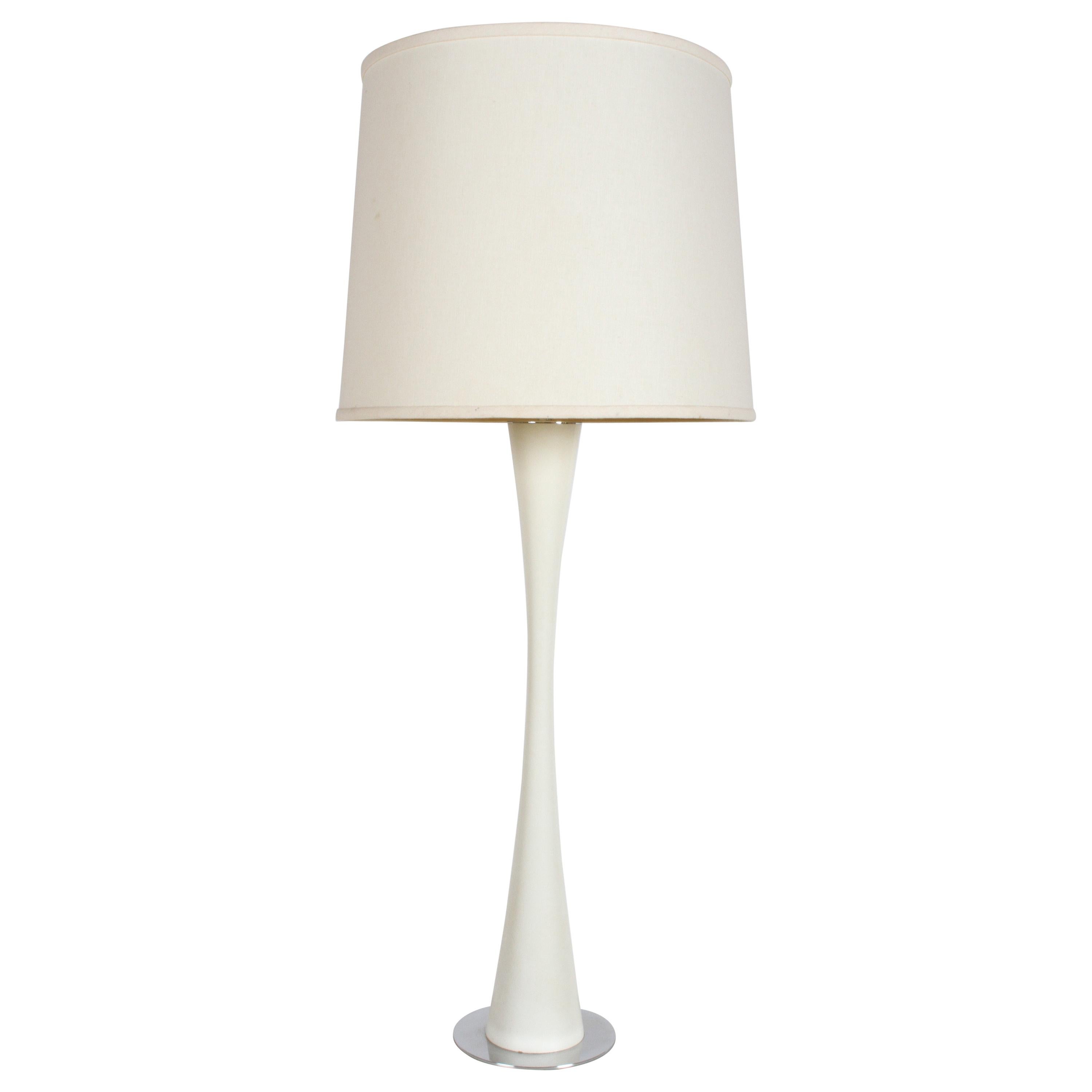 Tall Mid-Century Modern White Tulip Form Column Table Lamp with Chrome Base For Sale