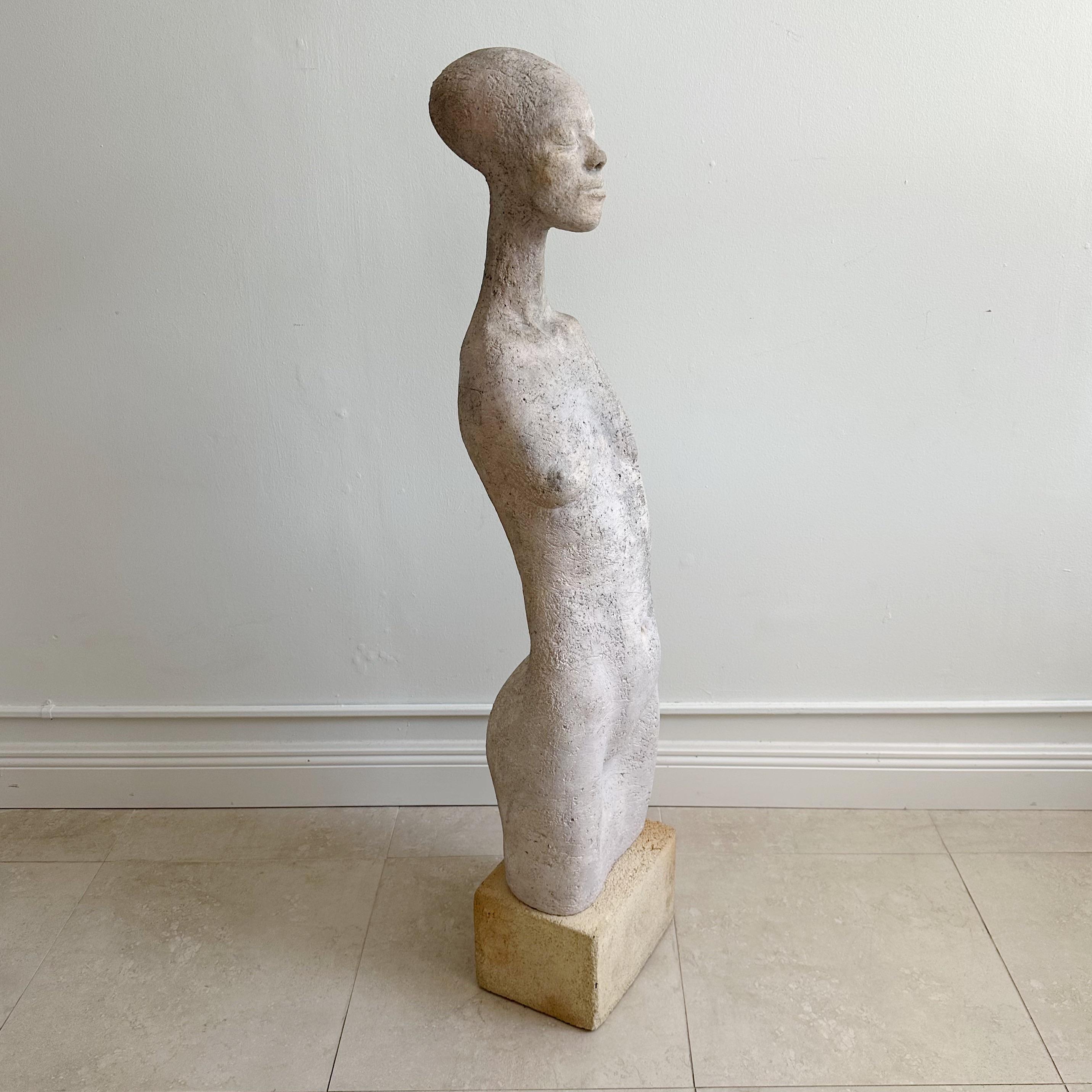 Hand-Carved Tall Mid Century Nude Concrete Sculpture