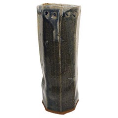 Tall Mid-Century Octagonal Geometric Ceramic Vase in Blue and Brown, Signed