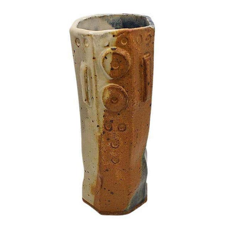 Mid-Century Modern Tall Mid-Century Octagonal Geometric Ceramic Vase in Blue and Brown, Signed For Sale