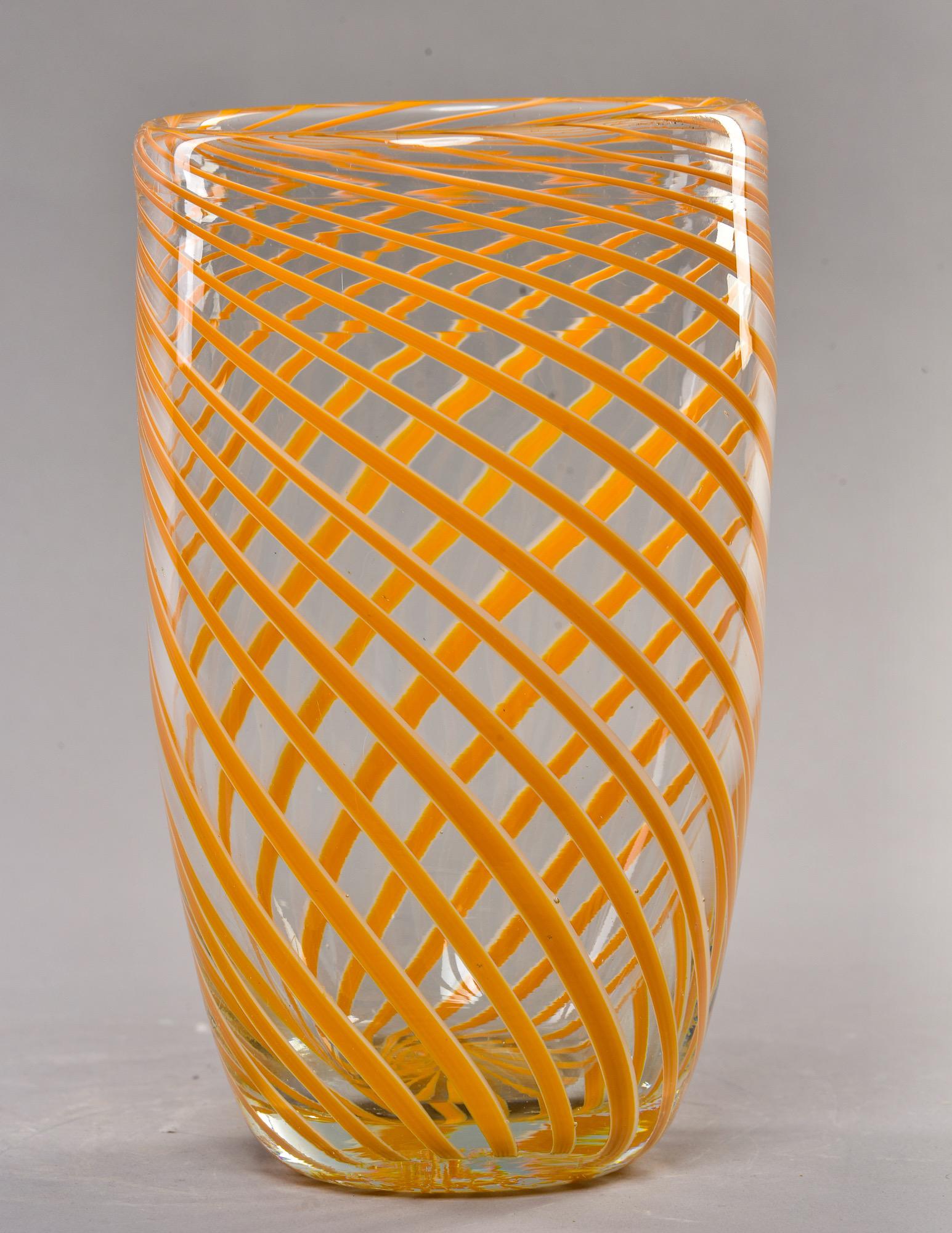 Mid-Century Modern Tall Mid Century Orange Spiral Stripe Murano Glass Vase
