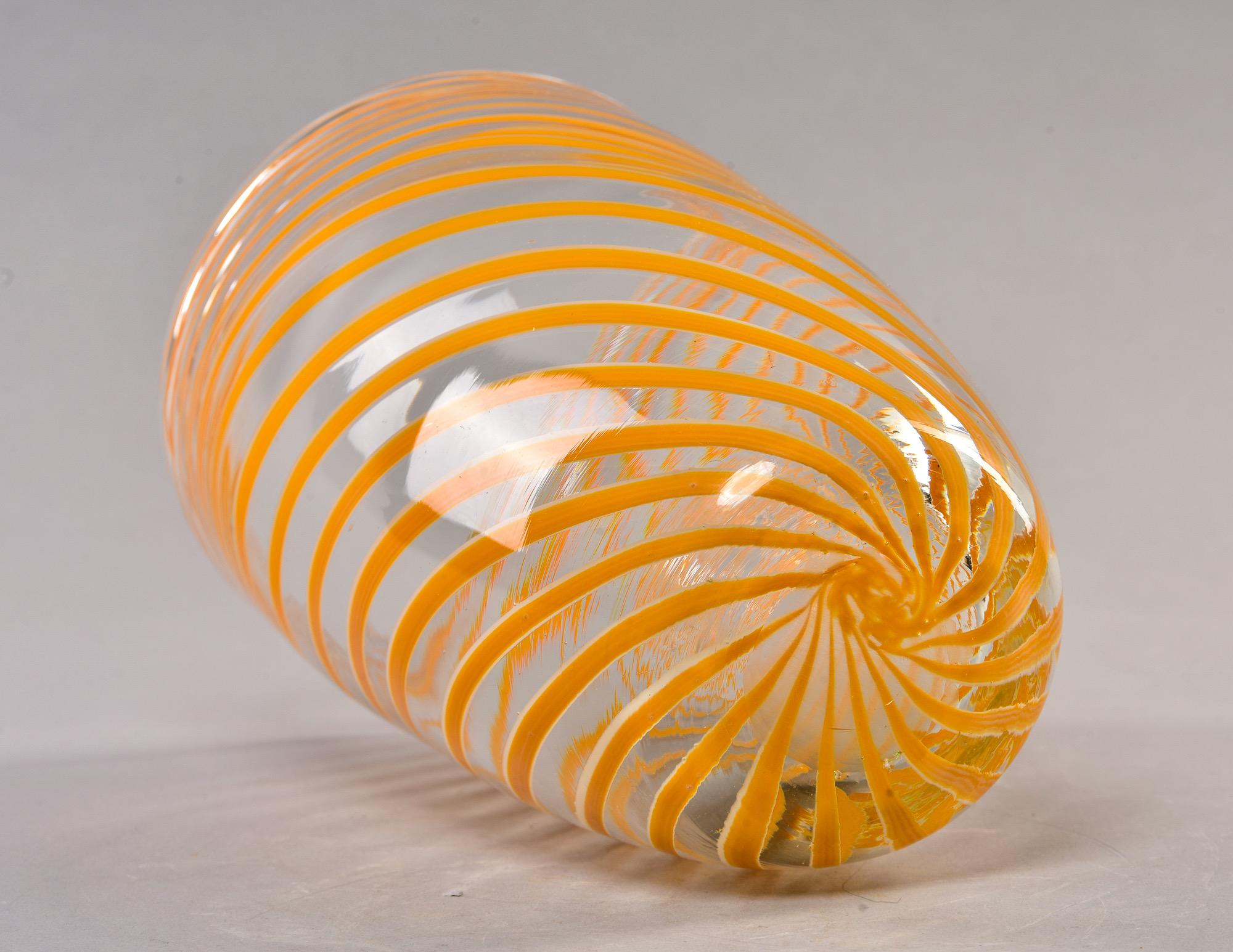 Tall Mid Century Orange Spiral Stripe Murano Glass Vase In Good Condition In Troy, MI