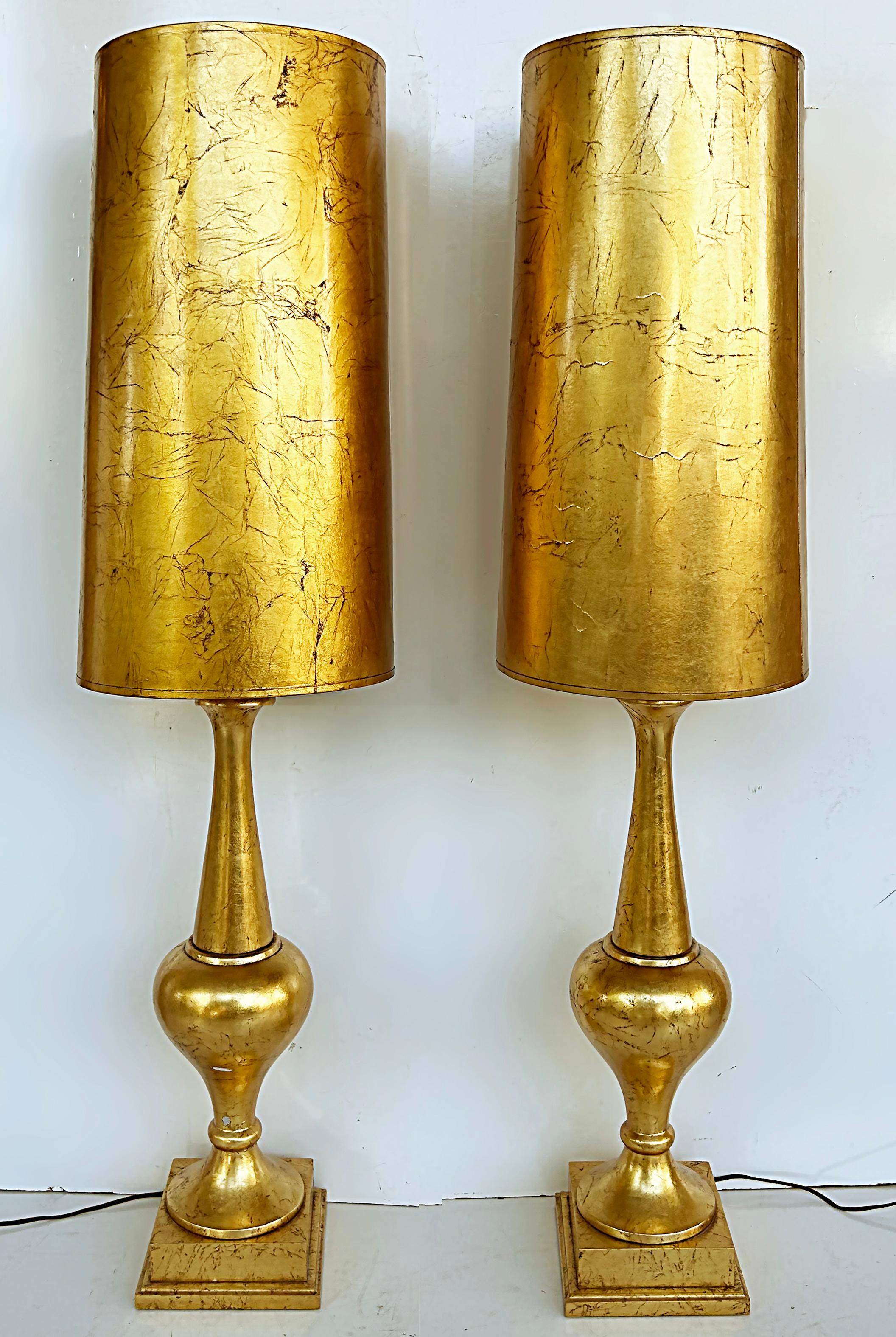 20th Century Tall Midcentury Pair Italian Gold Leaf Turned Wood Table Lamps with Gilt Shades