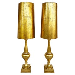 Tall Midcentury Pair Italian Gold Leaf Turned Wood Table Lamps with Gilt Shades
